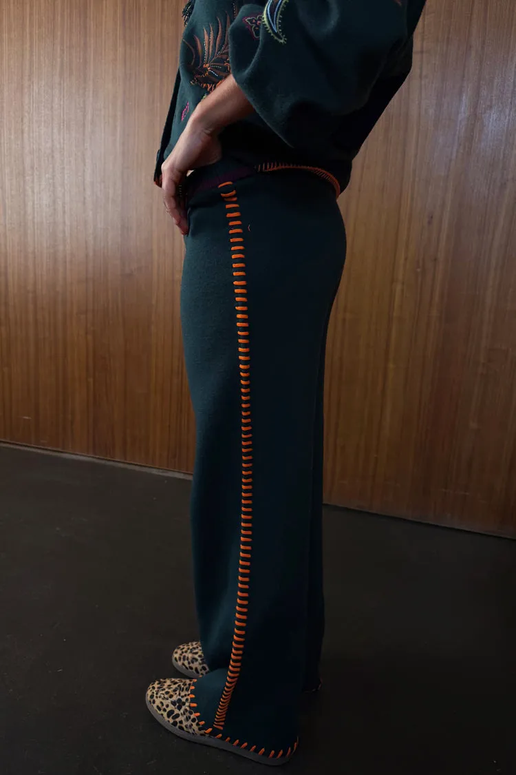 Breathable mesh lining Textured Slub Yarn Bottle Green Wide Leg Pants