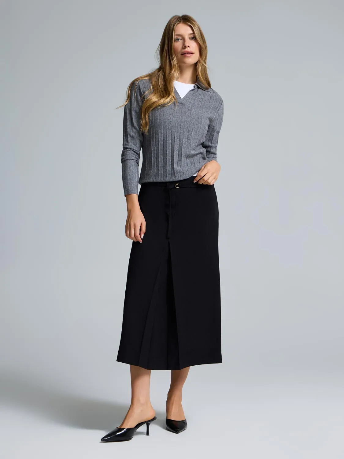 Metallic Finish Tonal Layering Box-Pleated Midi Skirt
