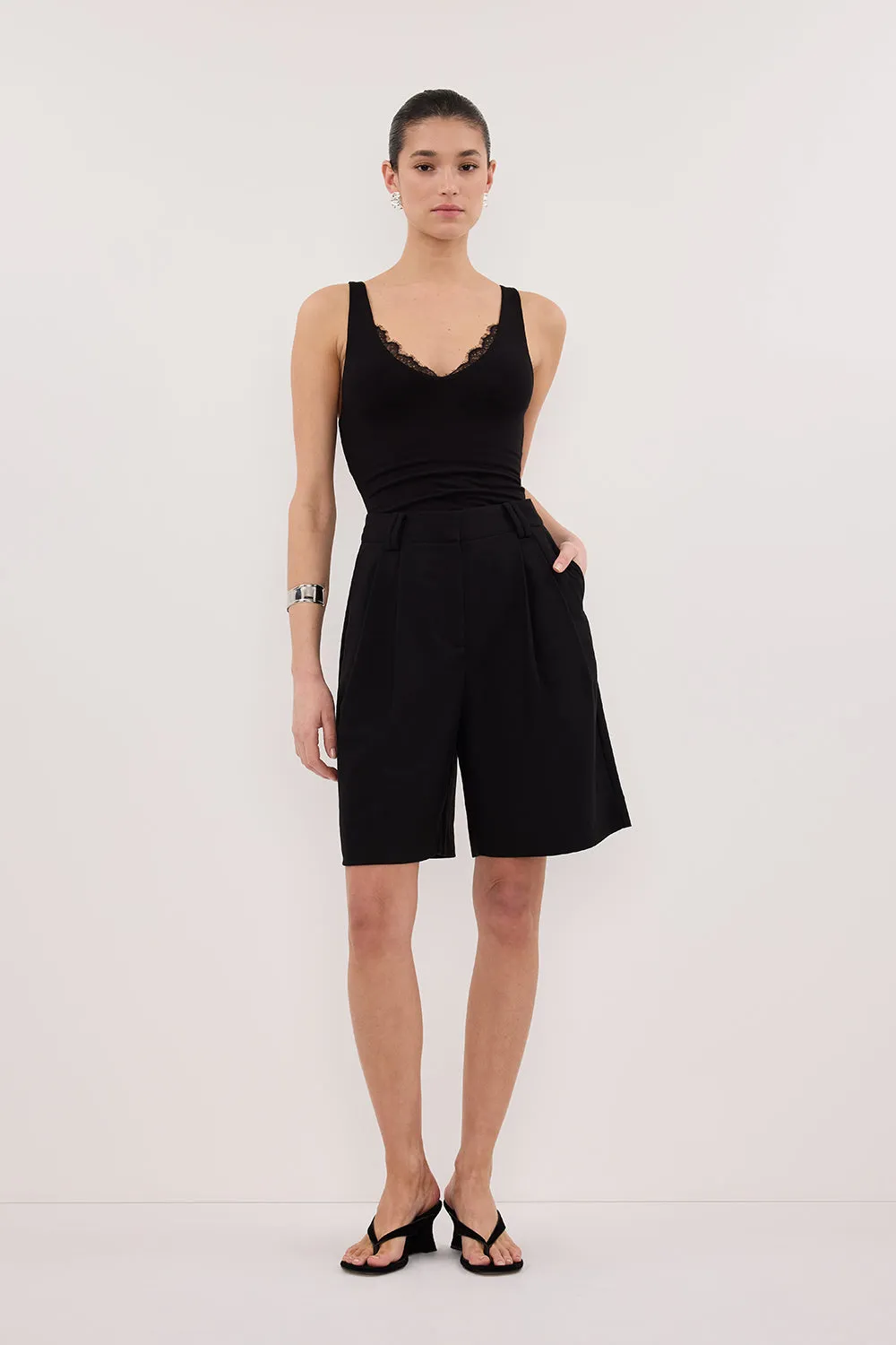 REBECCA BLACK LACE TRIM KNIT TANK Minimalist Button Placket Soft Finish