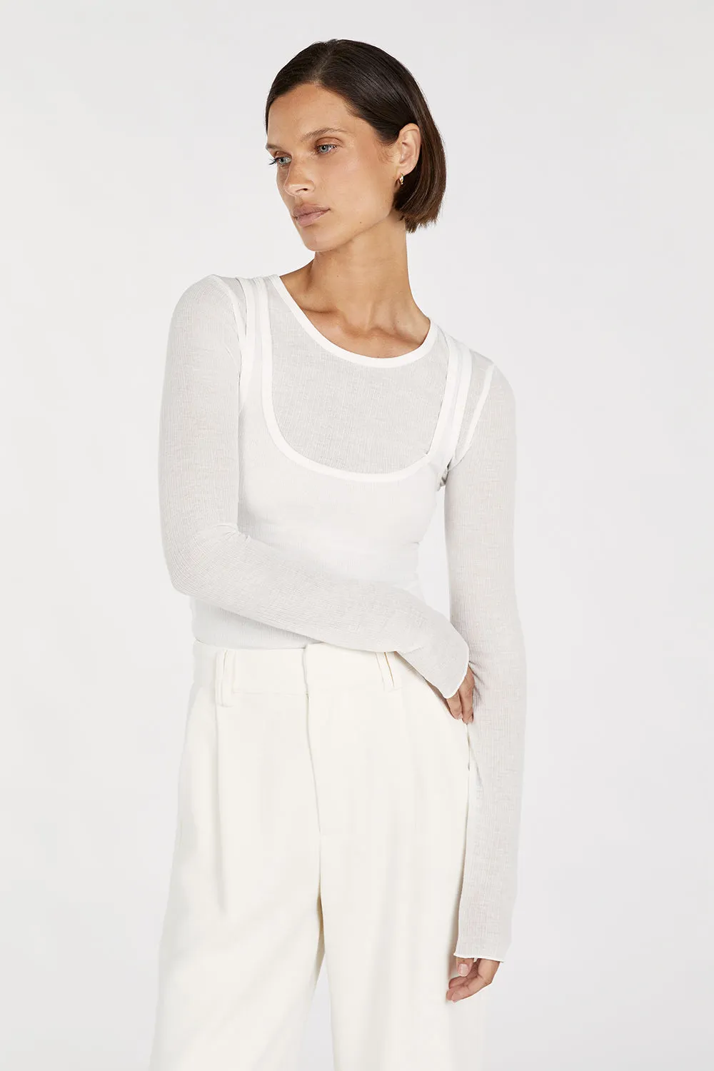 JUDE OFF WHITE SLEEVED LAYER TOP Lightweight Open Weave