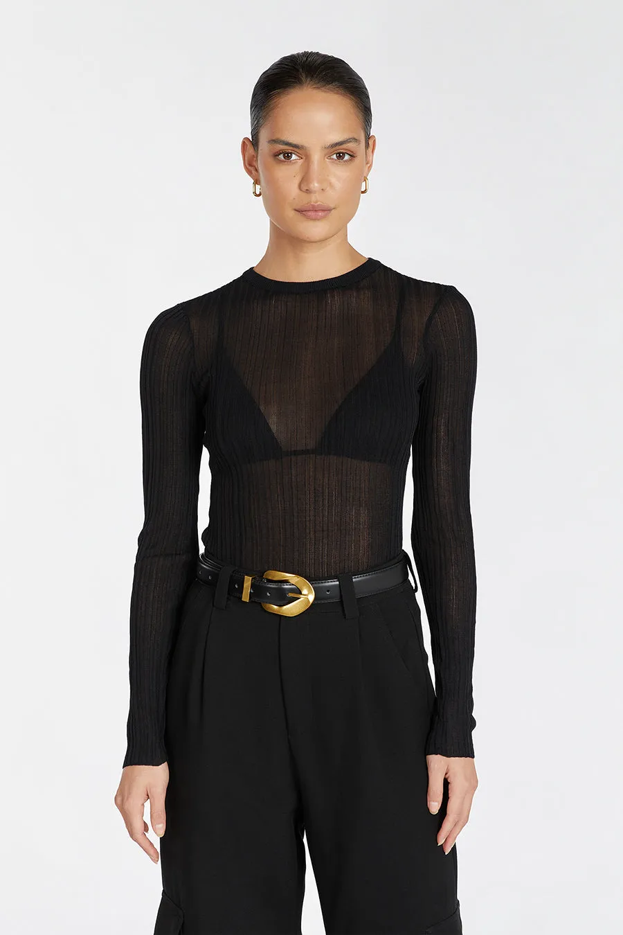 HARPER BLACK LONG SLEEVE KNIT TOP MidWeight Construction