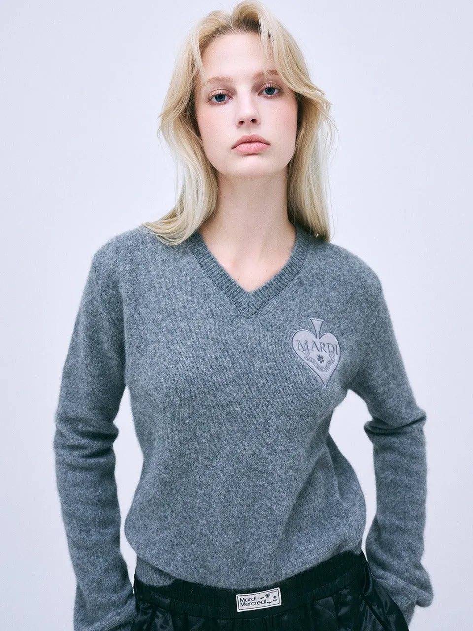 RACCOON BLENDED V NECK SATIN SPADE_GREY LowImpact Dye Process Layered Look