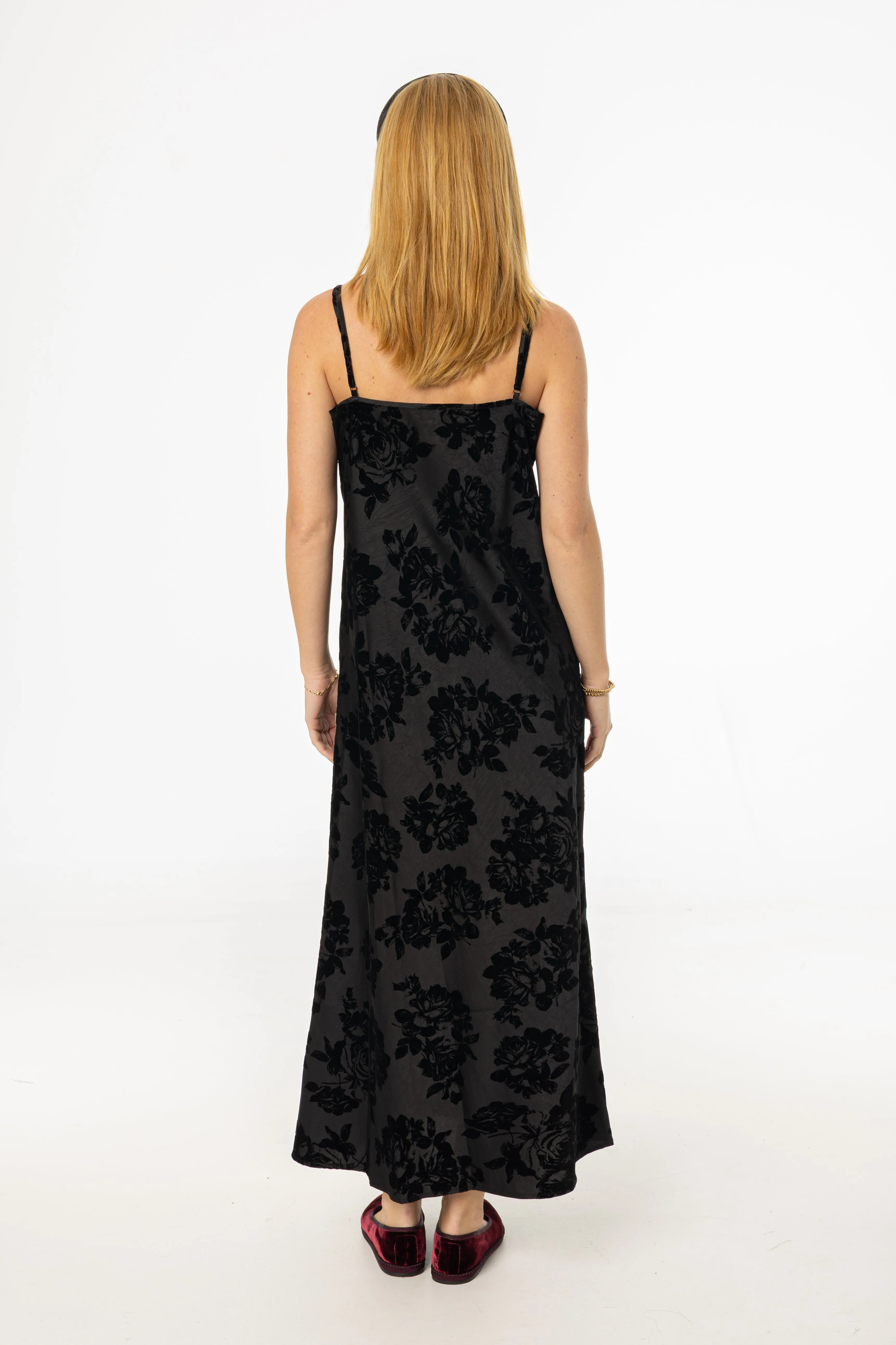 Black Flower Print Velvet Slip Jumper Airy Silk Modest Light