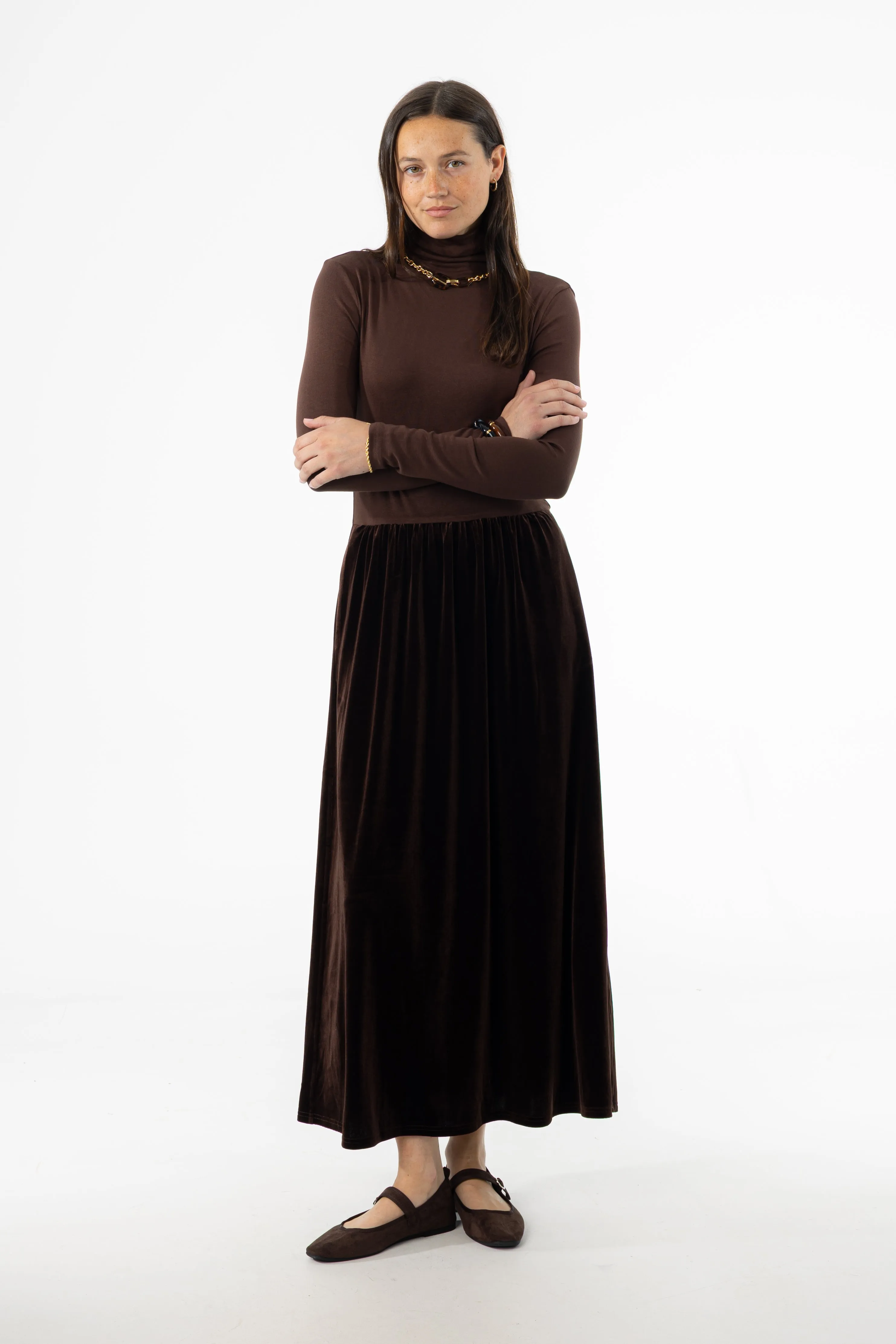 Fashion Essential Brown Combo Velour Mock Neck Dress