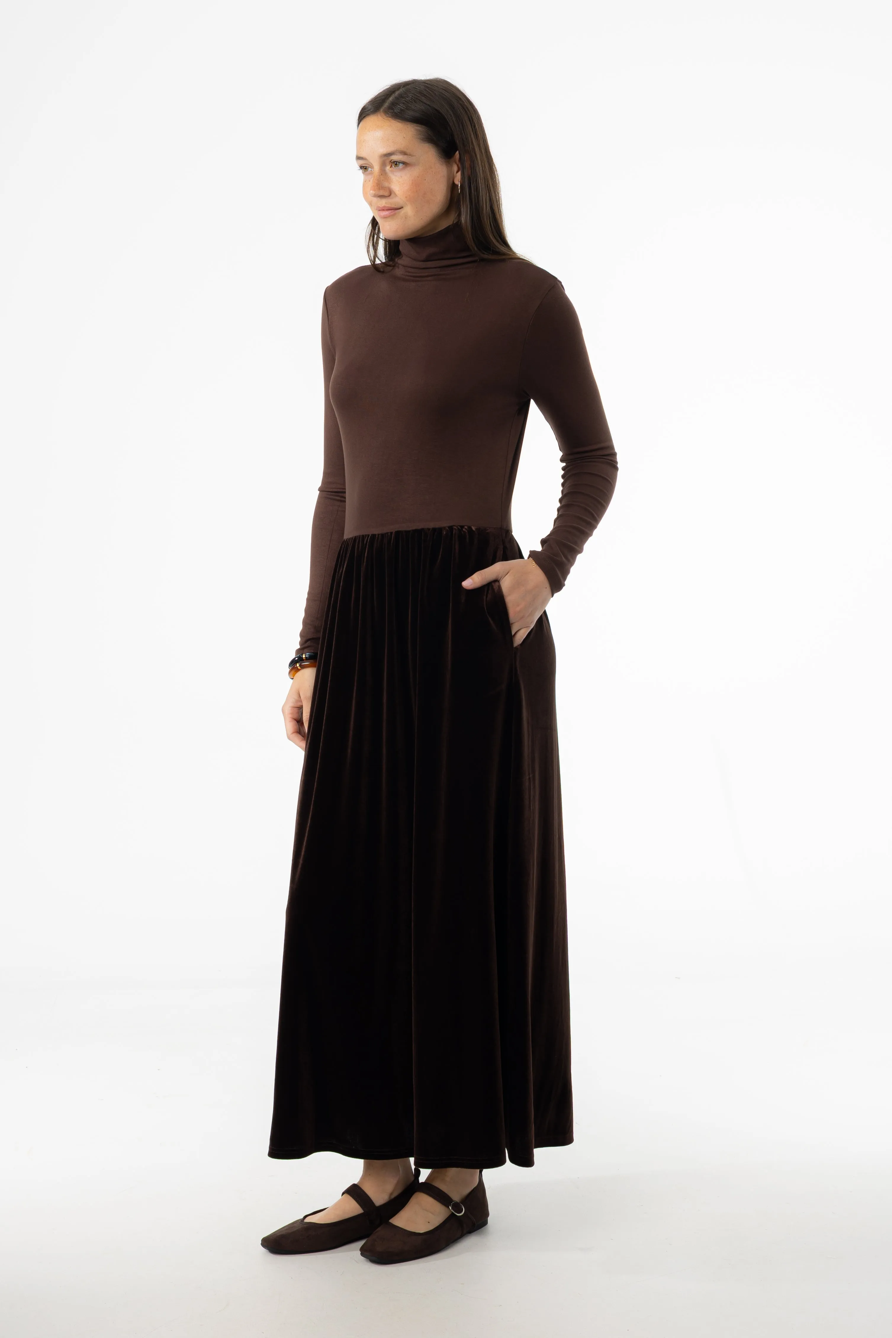 Brown Combo Velour Mock Neck Dress Shiny surface City Ready