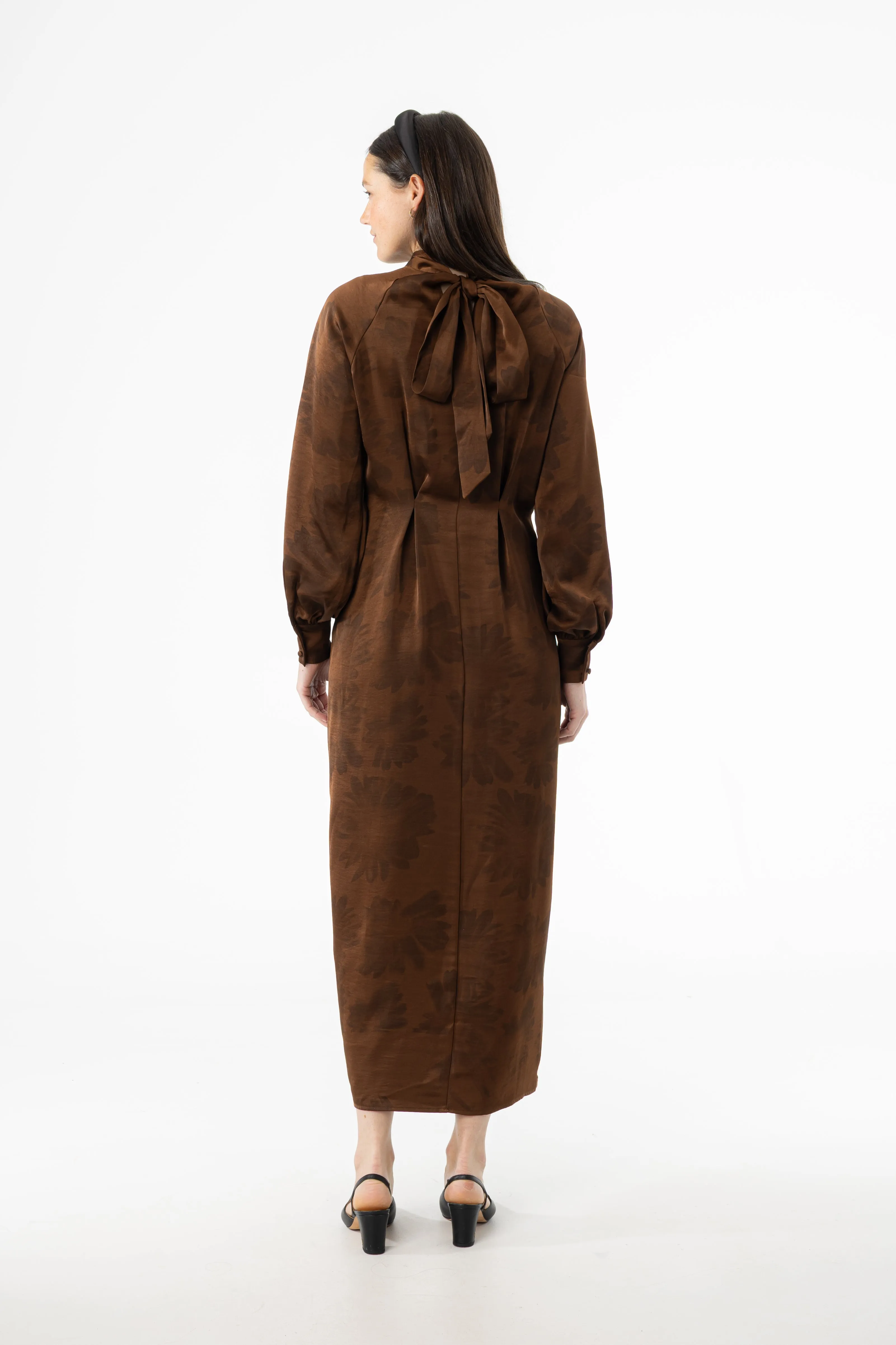 Brown Floral Printed Tie Neck Dress Form Focus Pretty Glow