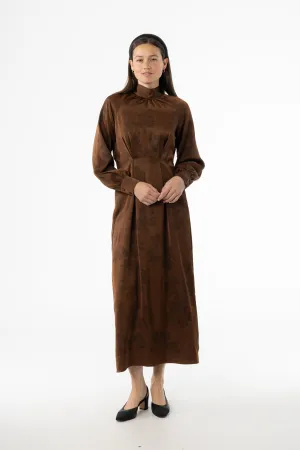 Short Sleeve Brown Floral Printed Tie Neck Dress