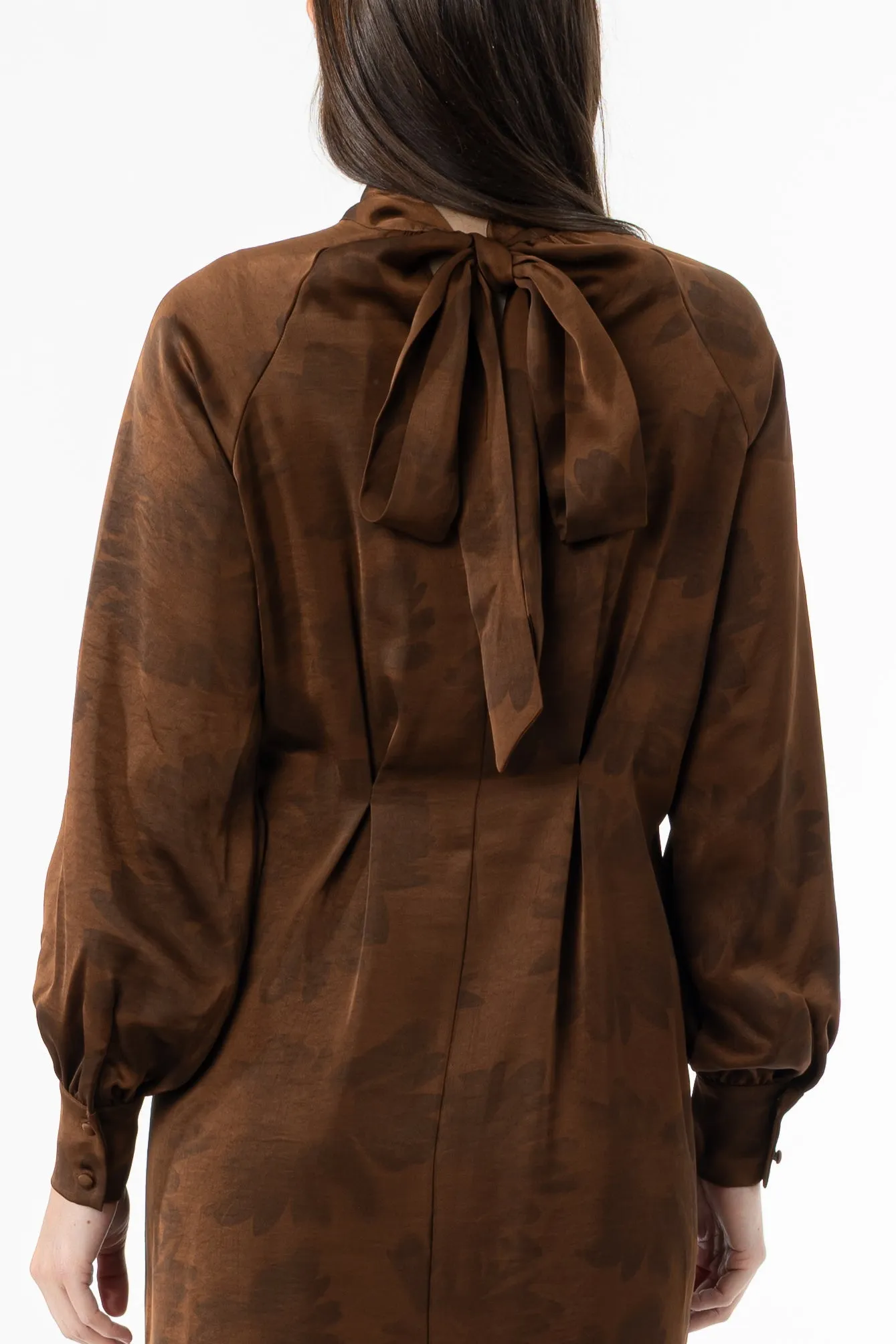 Brown Floral Printed Tie Neck Dress Travel Edge Luxe Fit