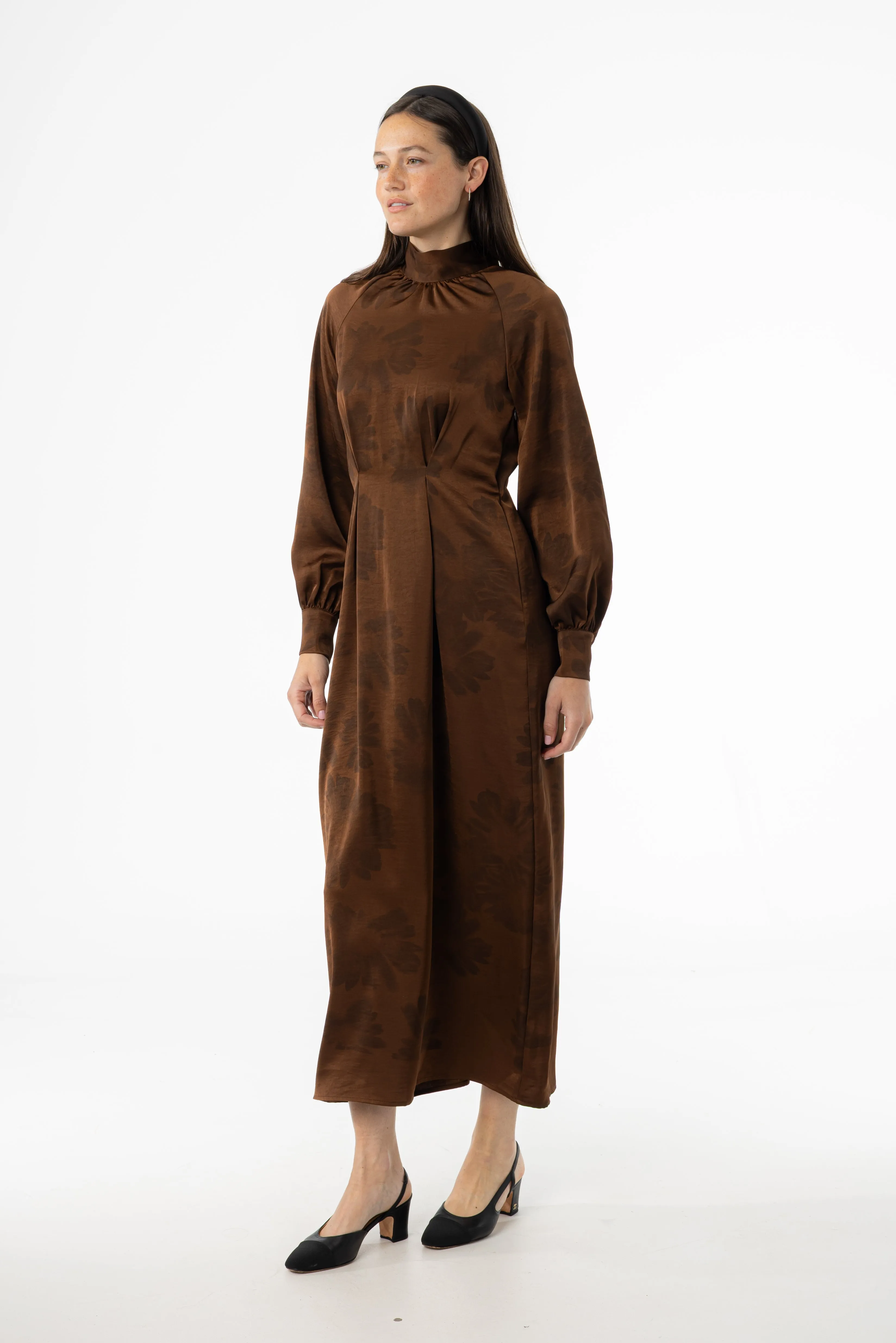 Brown Floral Printed Tie Neck Dress Practical-Style