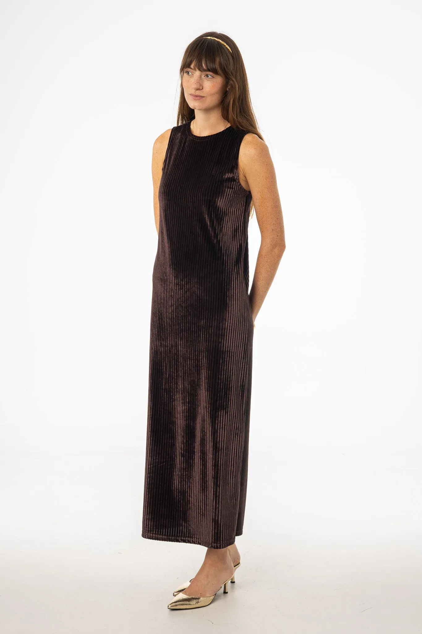 Brown Ribbed Velour Jumper Fitted Neat Solid-color