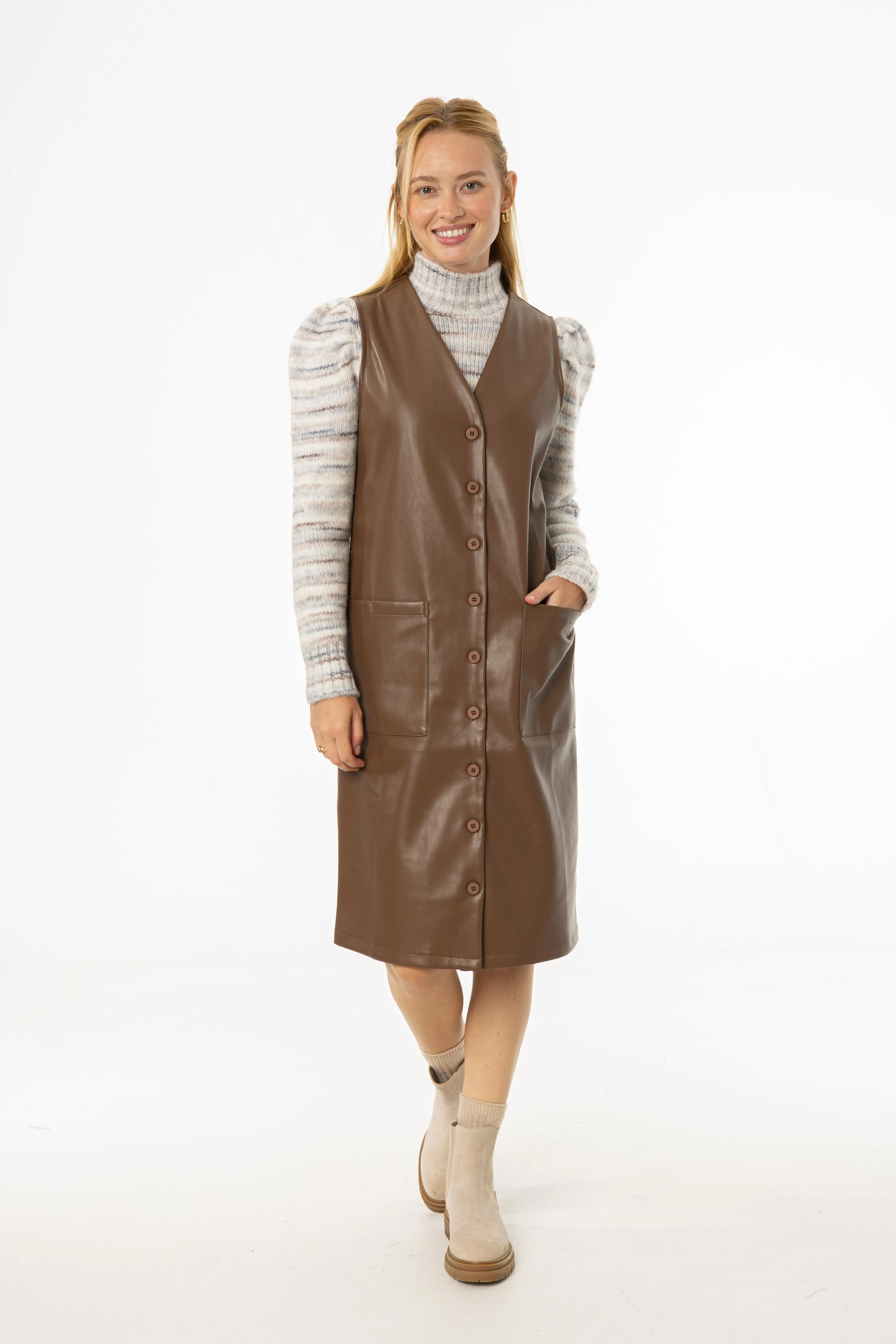 Brown Vegan Leather Vest Dress LayeredHemline Asymmetrical hem