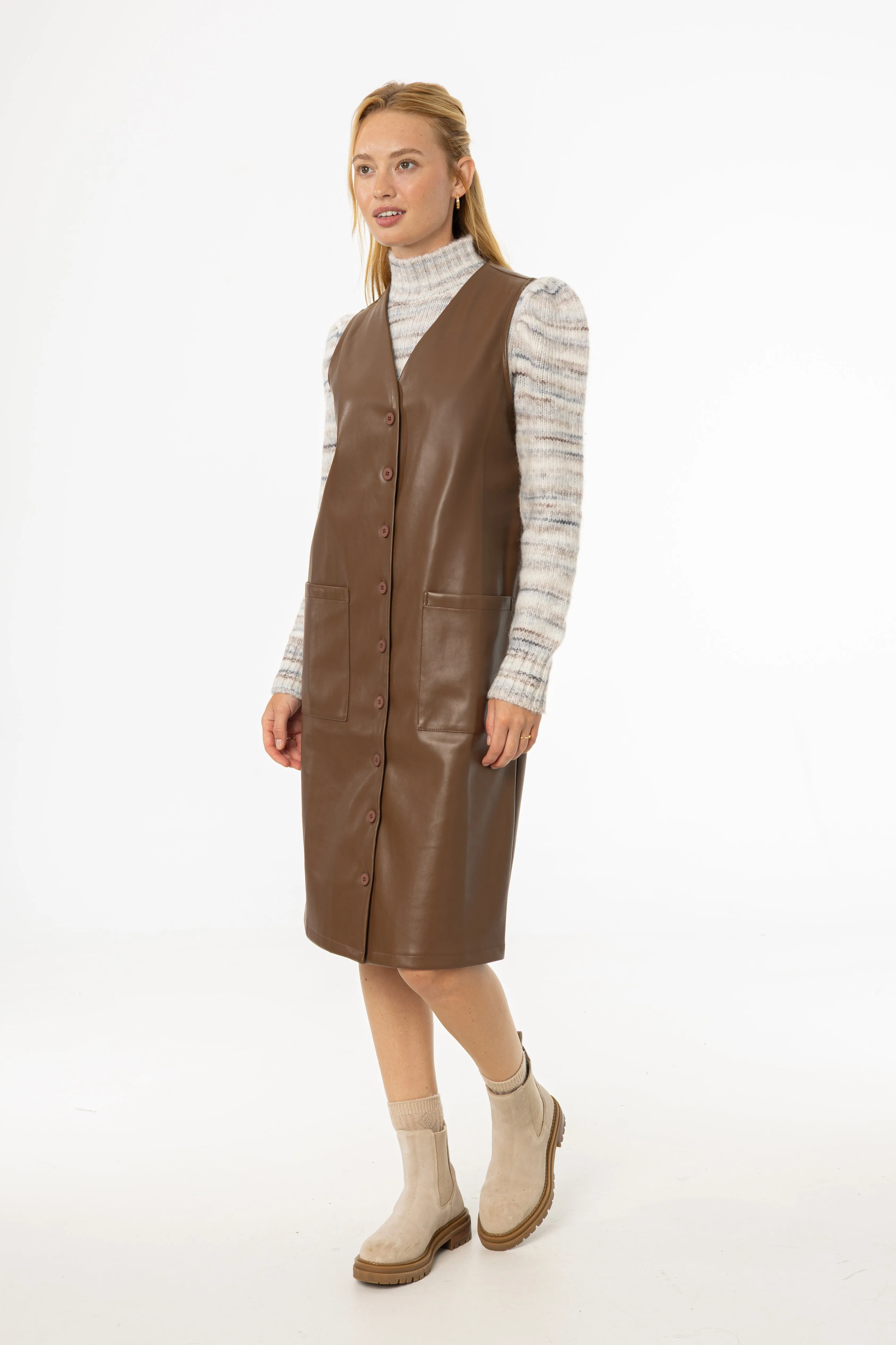 Brown Vegan Leather Vest Dress Hip-Flattering Bodycon Fit