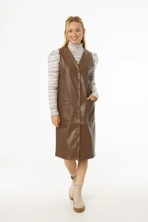 Brown Vegan Leather Vest Dress LayeredHemline Asymmetrical hem