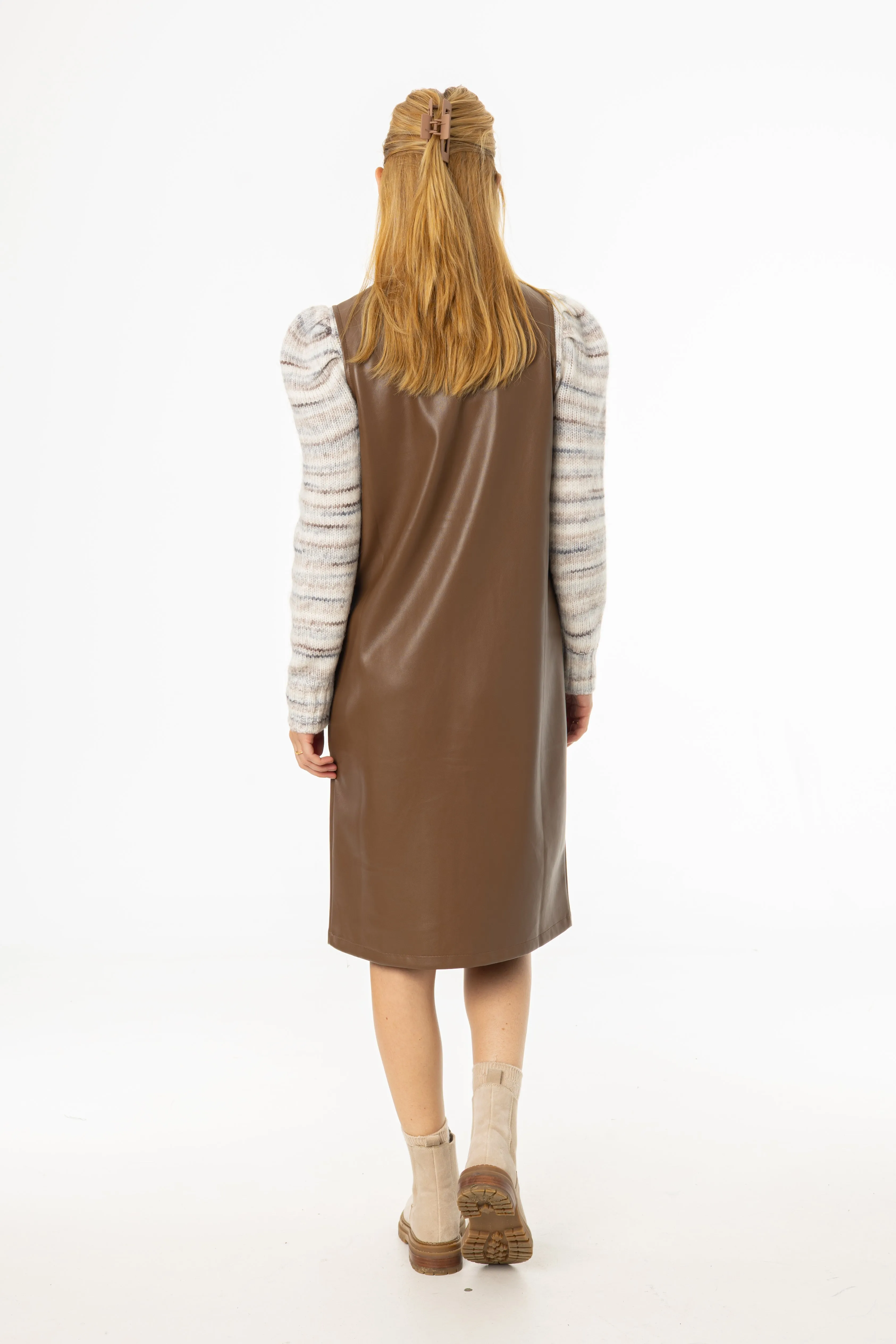 Brown Vegan Leather Vest Dress Linen Soft Minimalist Style