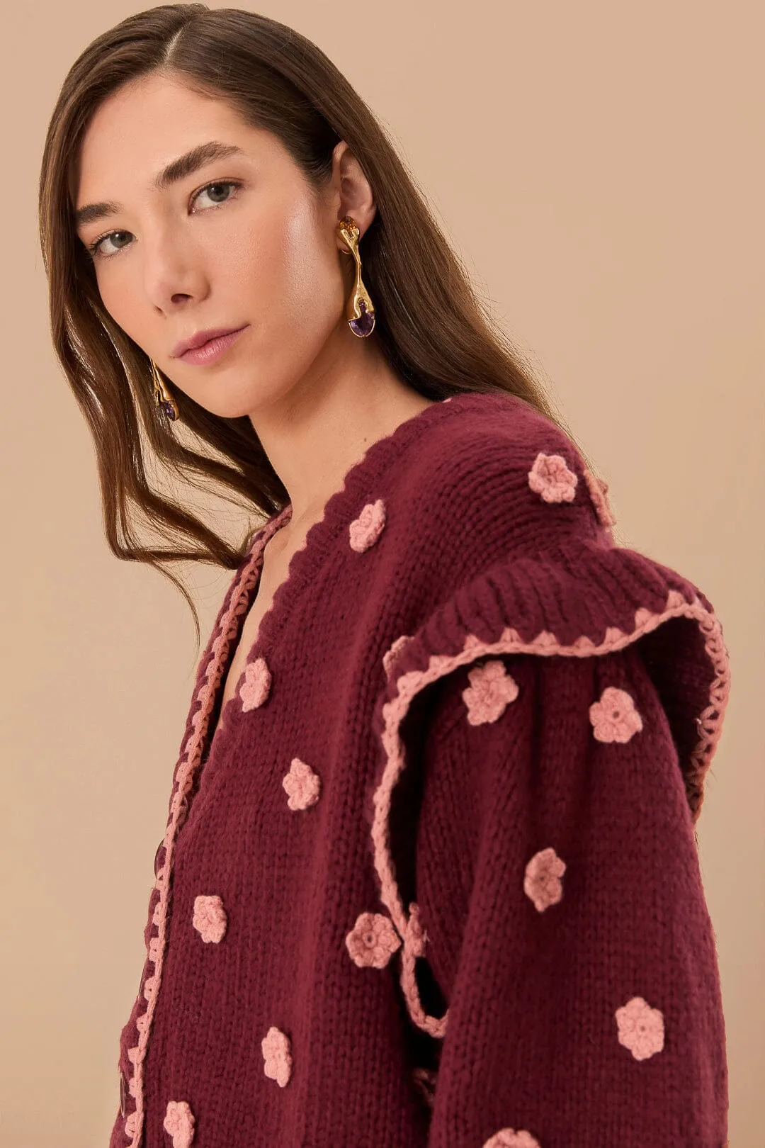 Mid layer Burgundy Crochet Flowers Knit Cardigan