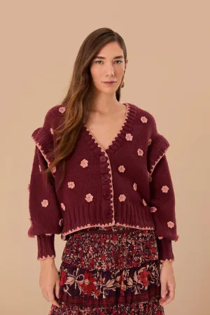 Recycled Fiber Blend DenseKnit Fabric Burgundy Crochet Flowers Knit Cardigan