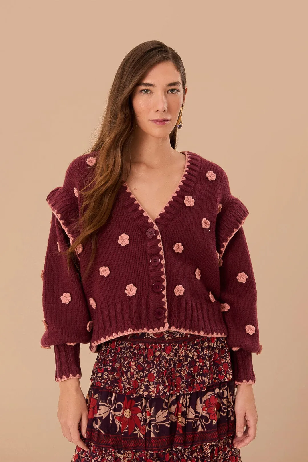 Recycled Fiber Blend DenseKnit Fabric Burgundy Crochet Flowers Knit Cardigan
