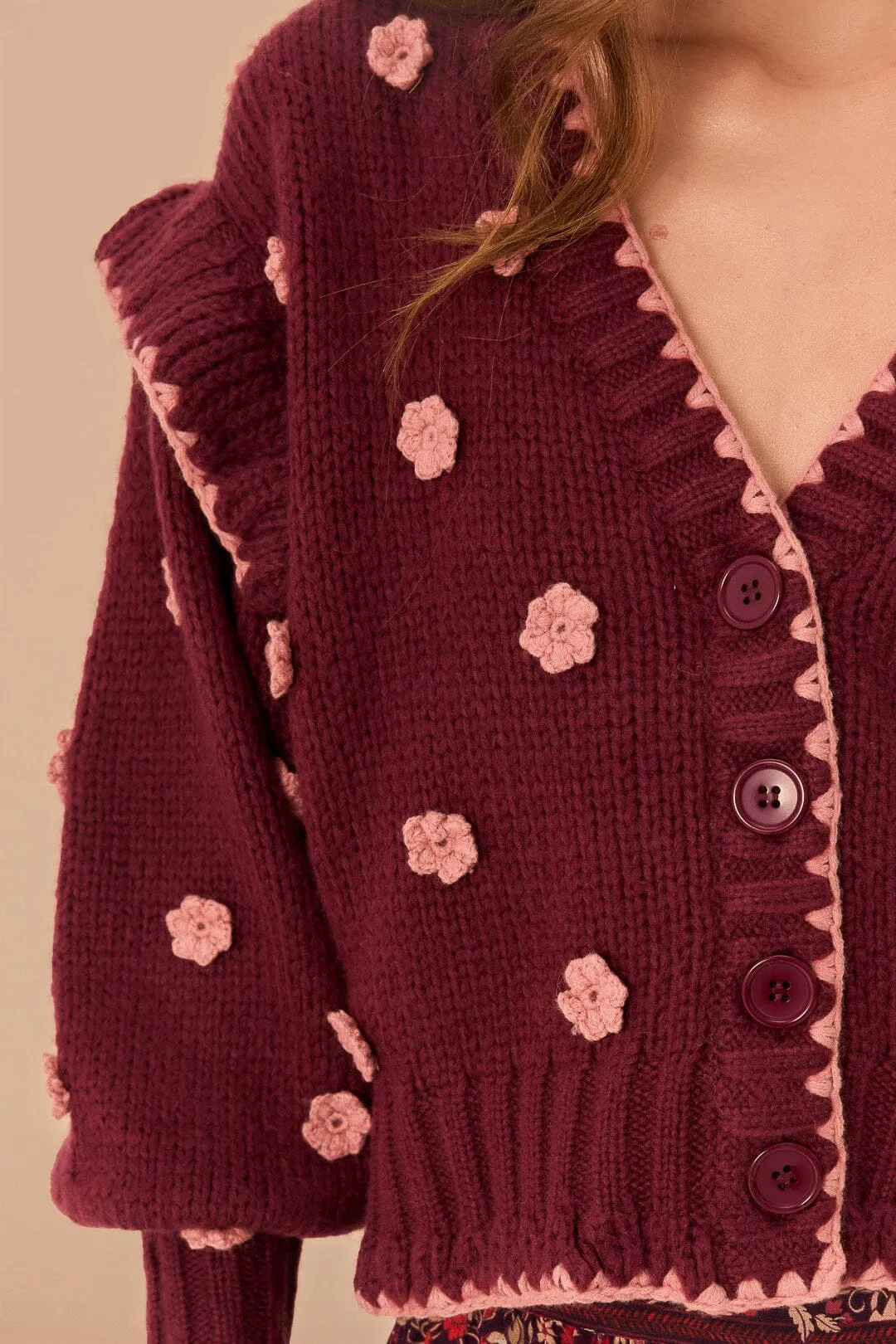 Classic Shape Burgundy Crochet Flowers Knit Cardigan