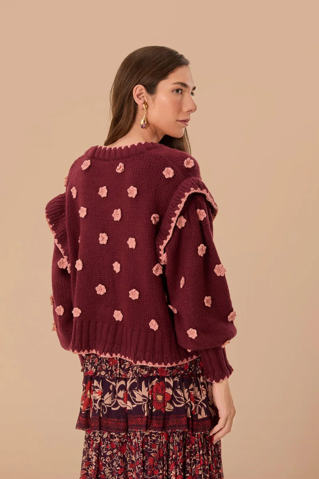 Burgundy Crochet Flowers Knit Cardigan Natural Odor Control