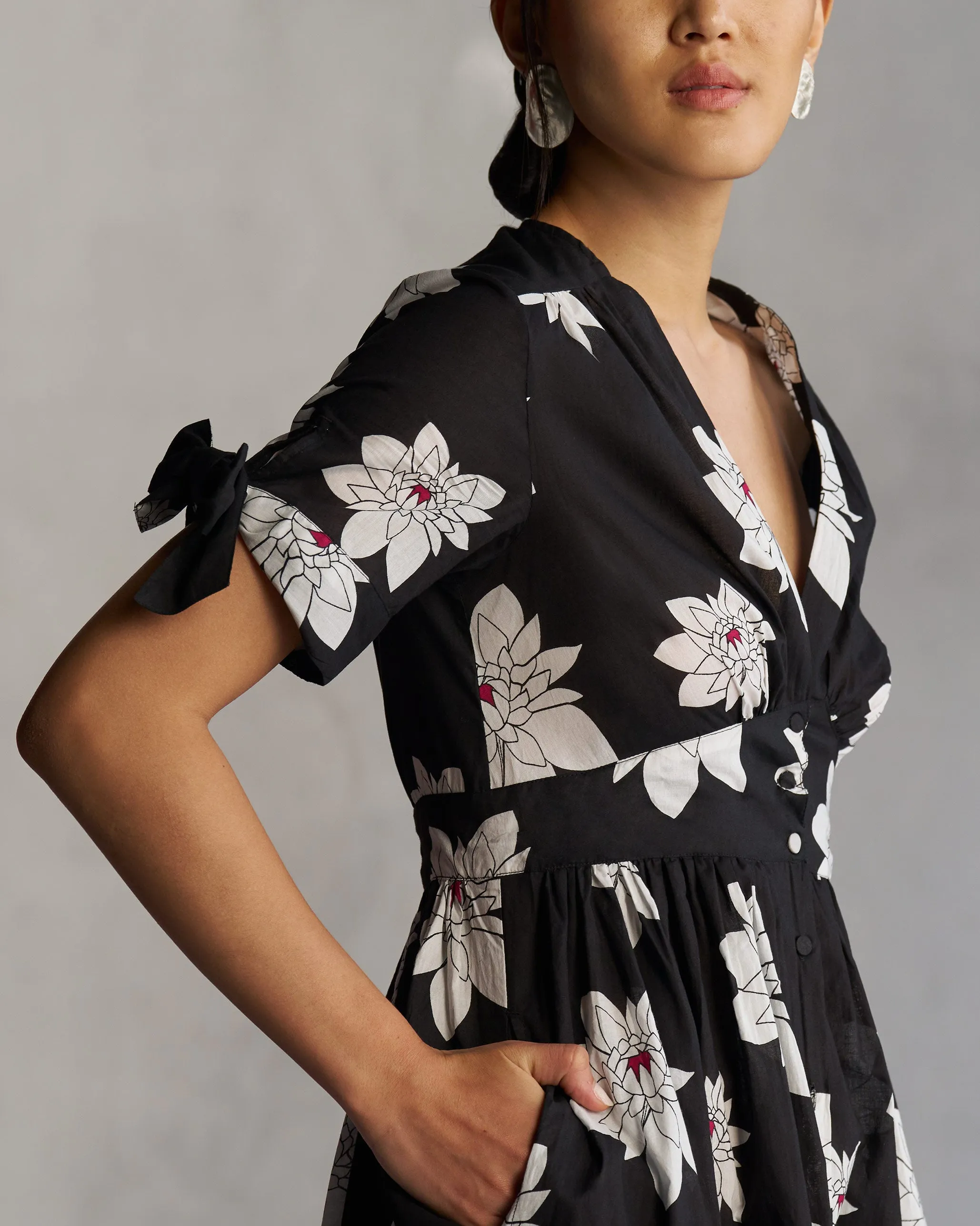 Button Down Dress - Black Floral-Pattern Date night
