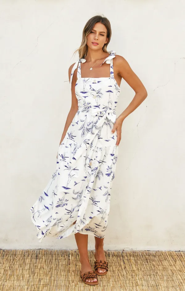 Button Front Blue Palm Maxi Brunch Fit Festive Wear