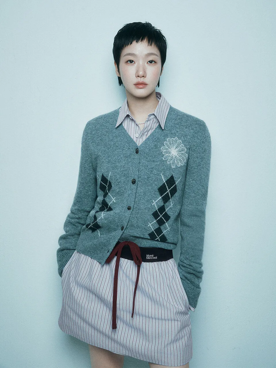 CASHMERE BLENDED CARDIGAN V NECK ARGYLE_GREY CREAM Clean Lines