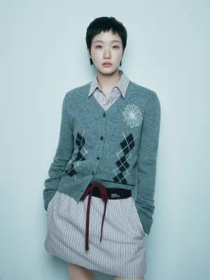 CASHMERE BLENDED CARDIGAN V NECK ARGYLE_GREY CREAM Clean Lines