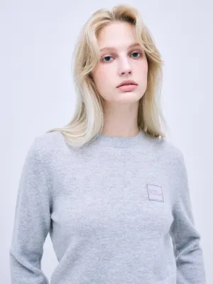Street Casual Style CASHMERE BLENDED ROUND NECK SQUARE LOGO_GREY