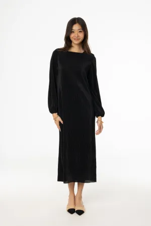 Korean Mood Polished Tailoring Black Square Neck Accordion Pleat Maxi Dress