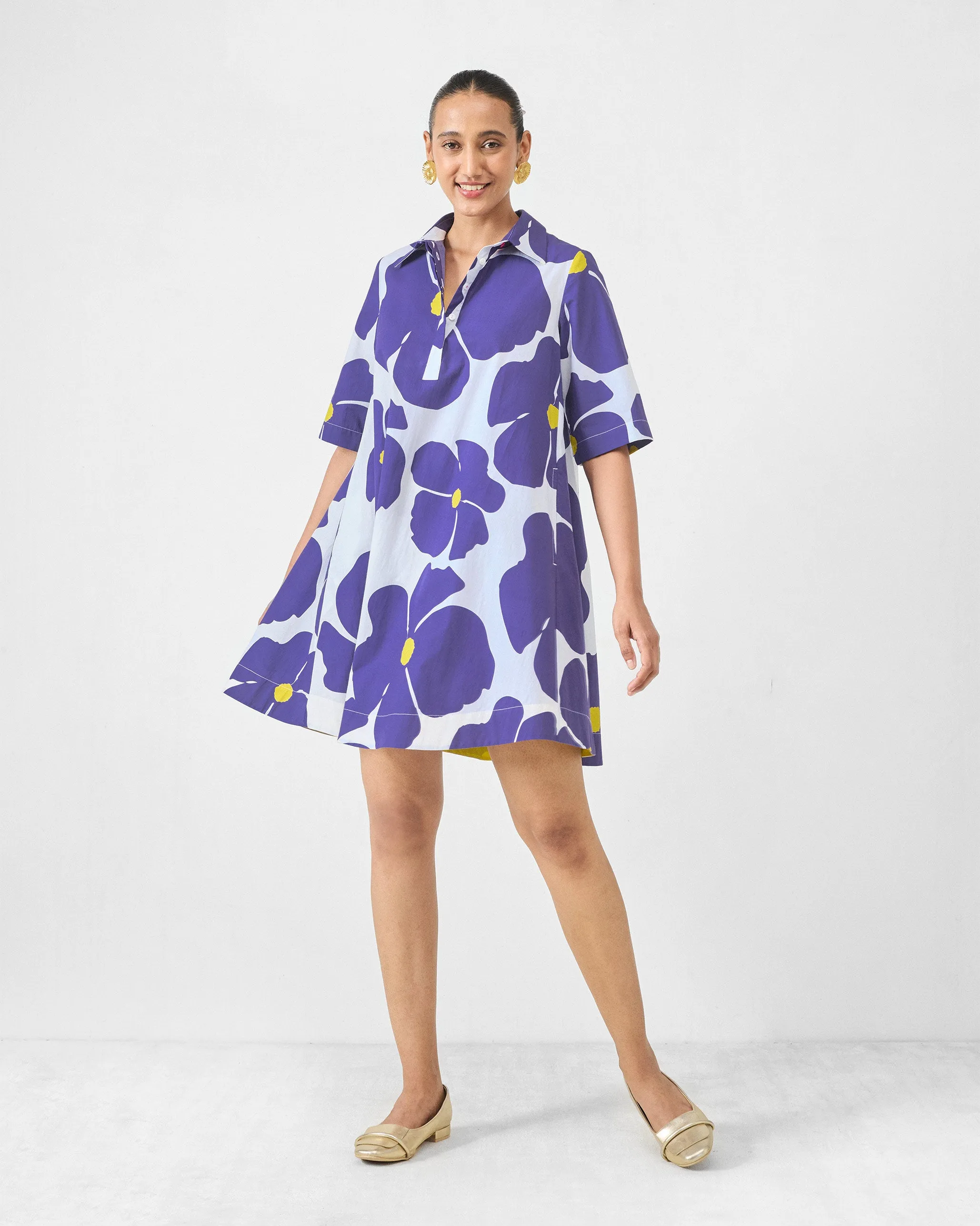 Happy Heart Dress - Purple & White Print Tie-Detail