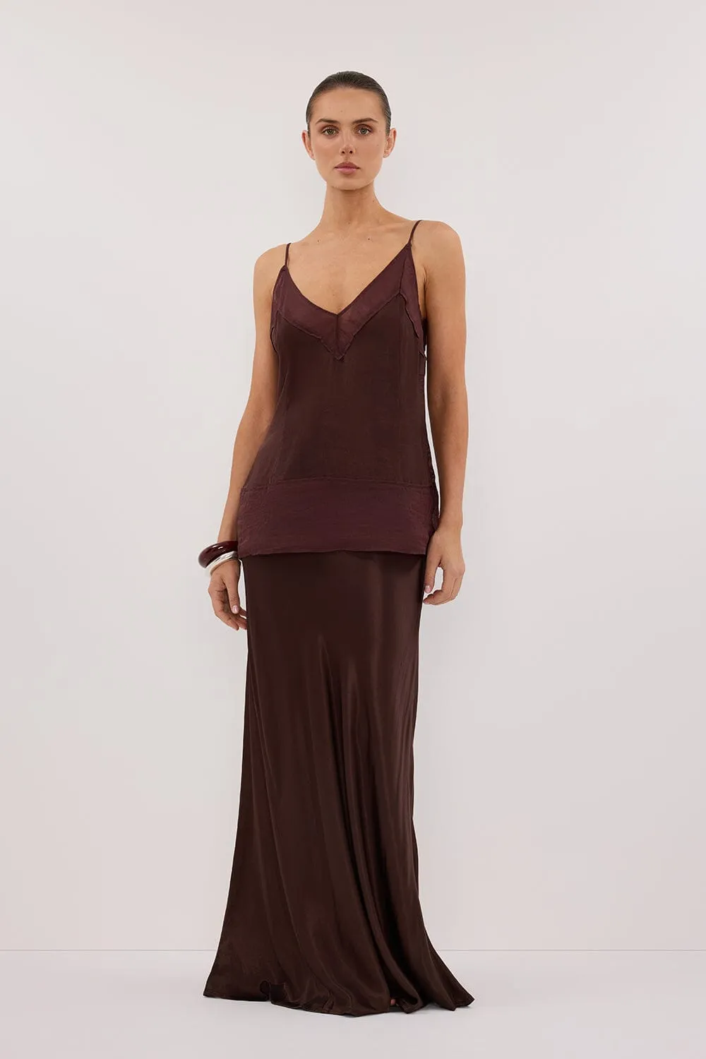 CHARLI BITTER CHOC SATIN MAXI SKIRT Maxi length