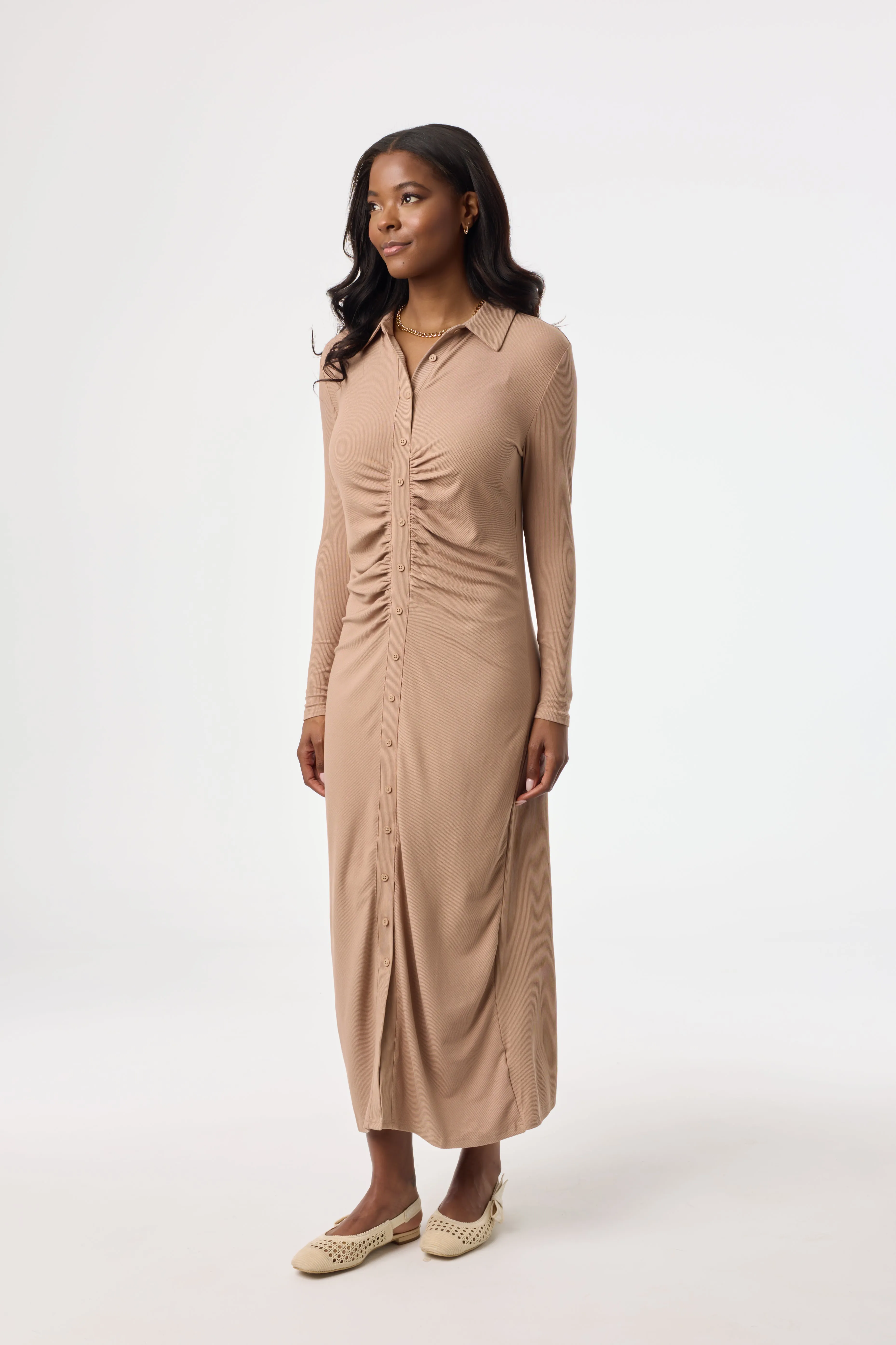 Chestnut Ruched Cardi Maxi Dress Brunch Outfit Essential Layer