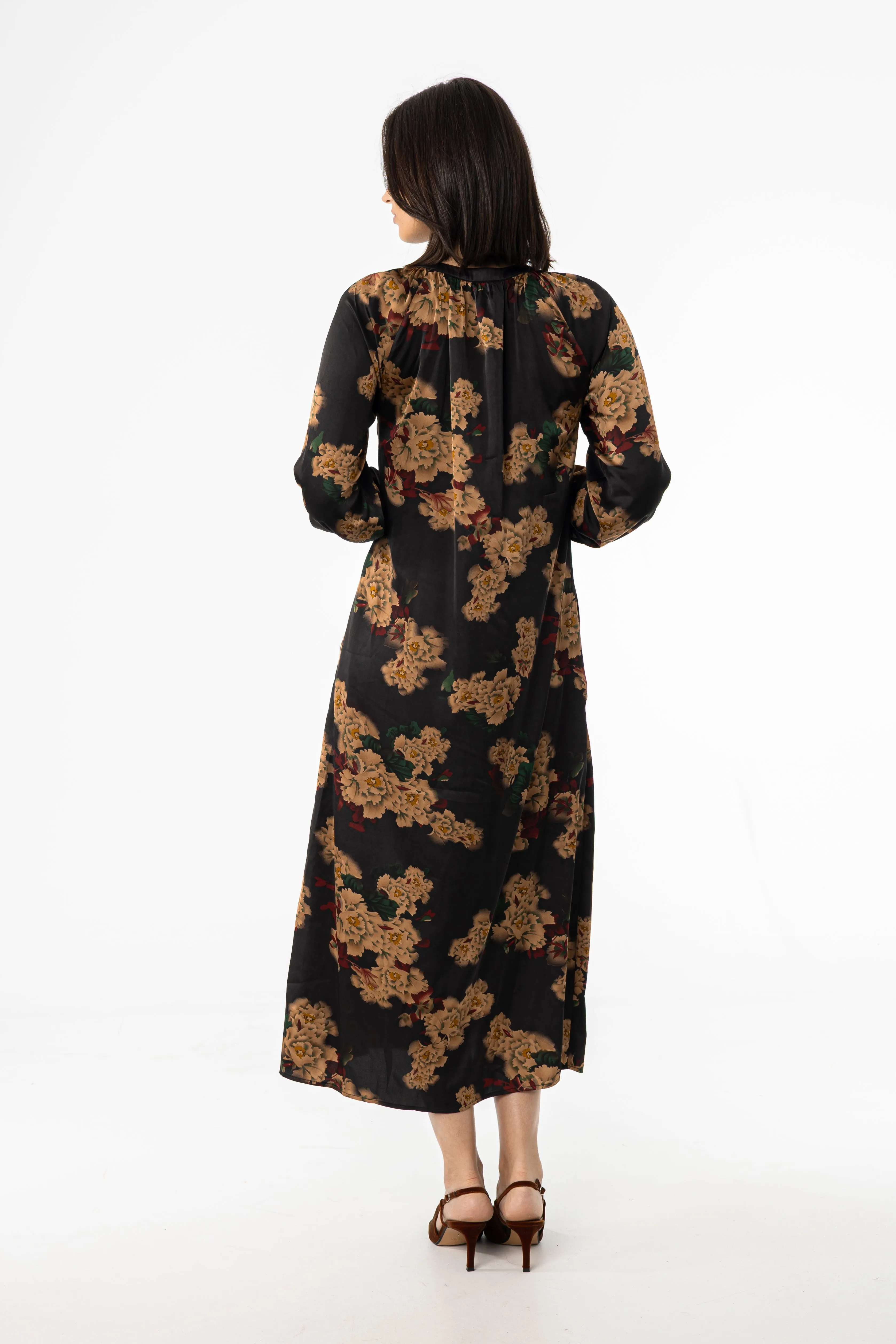 Chilly Weather Comfort Elastic-Cuff Black Multi Floral Printed Maxi Dress