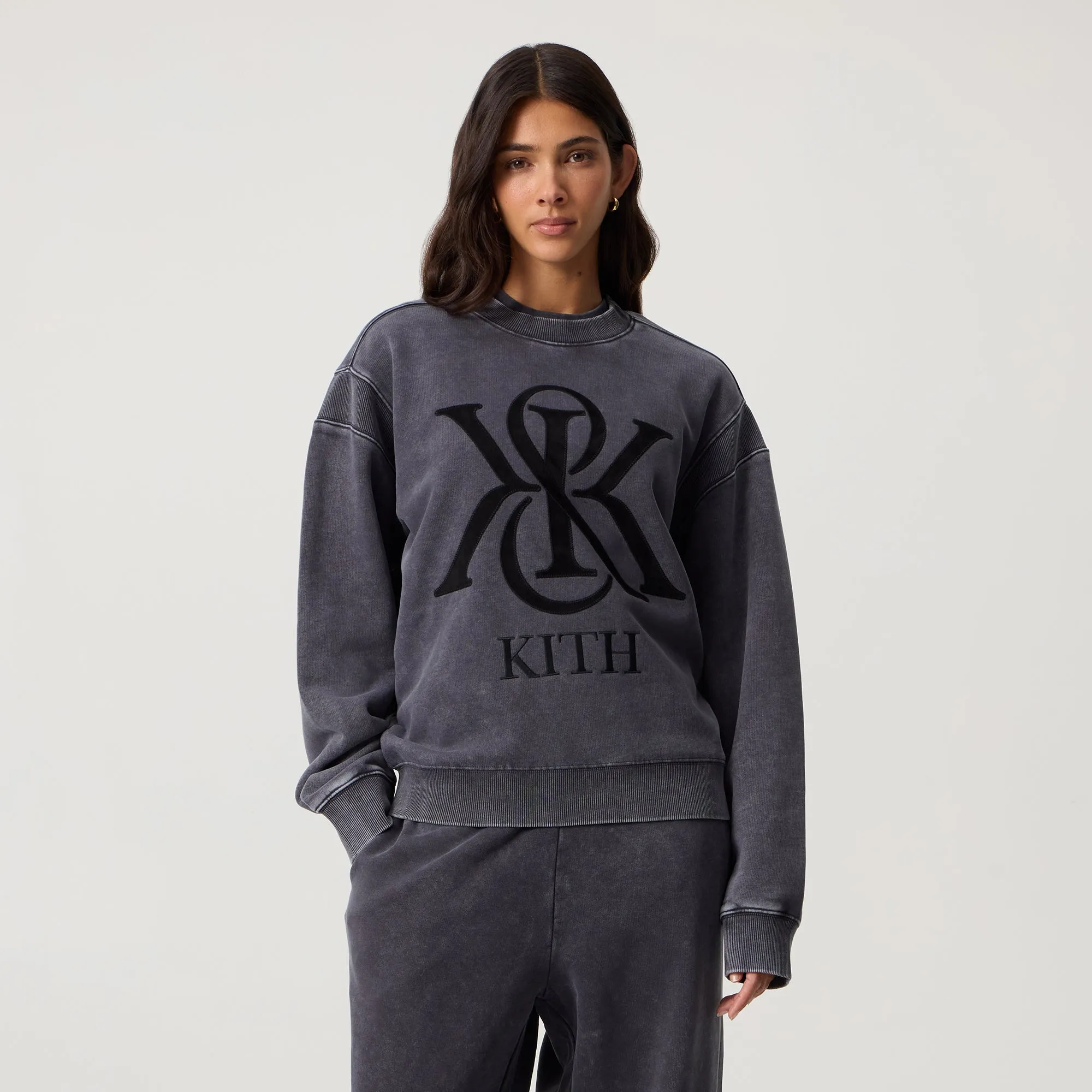 Comfy Street Style product fleece lining warmth Kith Women Asher III Crest Crewneck - Black