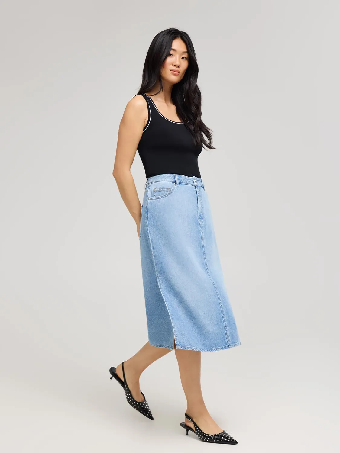Long Cotton Denim Skirt All Day Look Glossy Texture