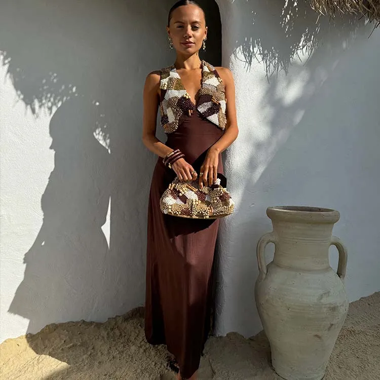 Chocolate Beaded Allegra Dress Chic Design Easy-Storage