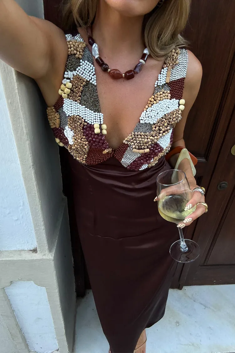 Silky Finish Airy Fabric Chocolate Beaded Allegra Dress