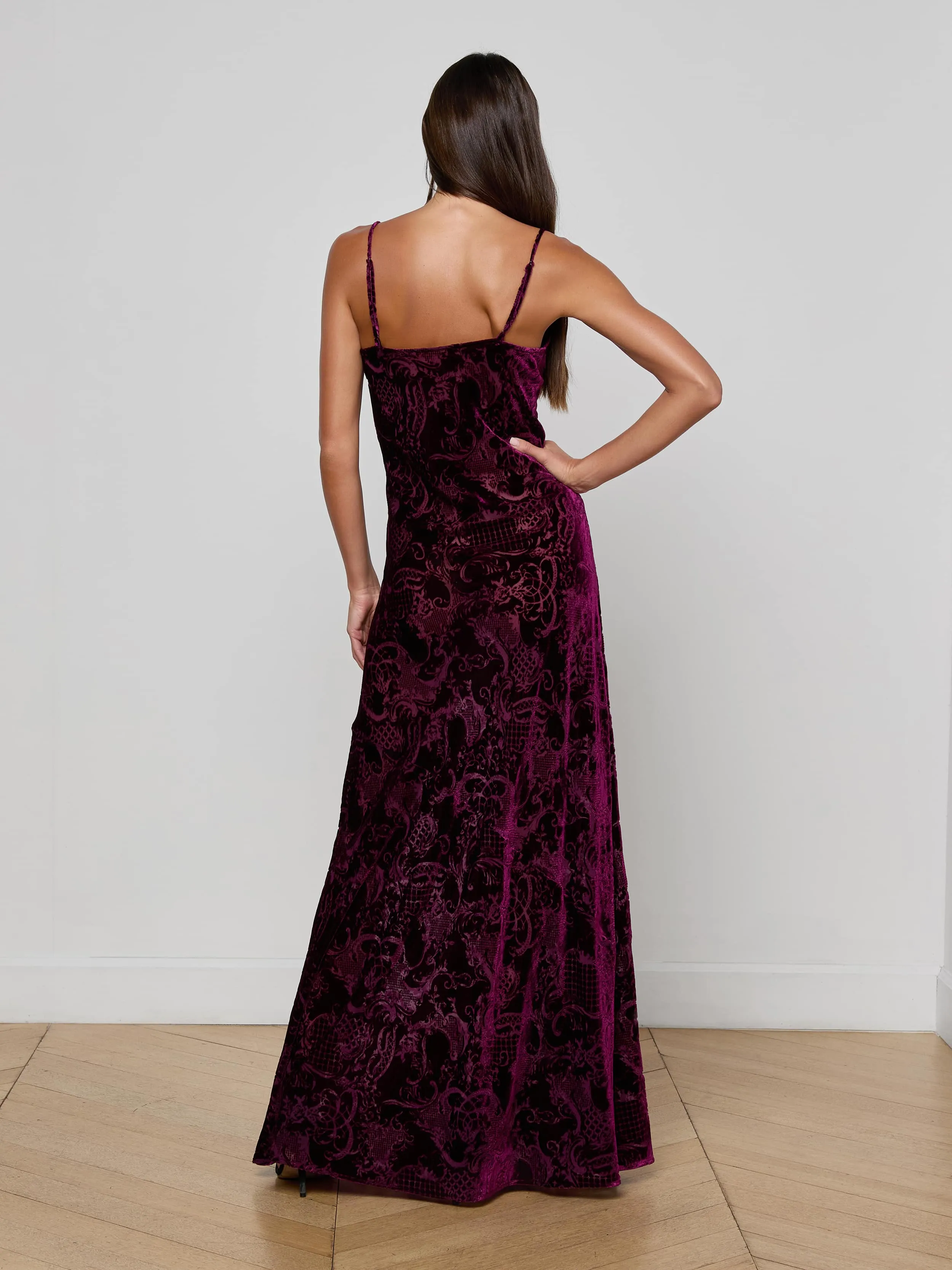 Christine Burnout Velvet Dress Sheer Panel Sculpted Form
