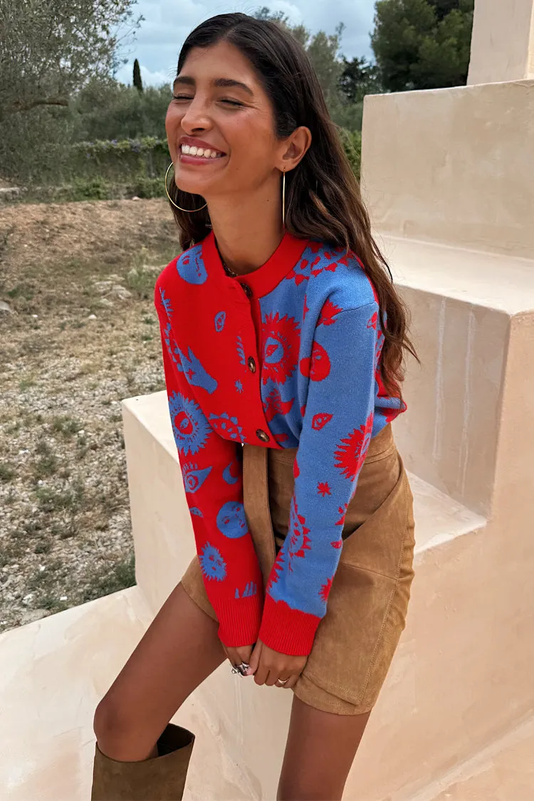 Blue and Red Holly Cardigan Recycled Polyester Hooded Neckline Option