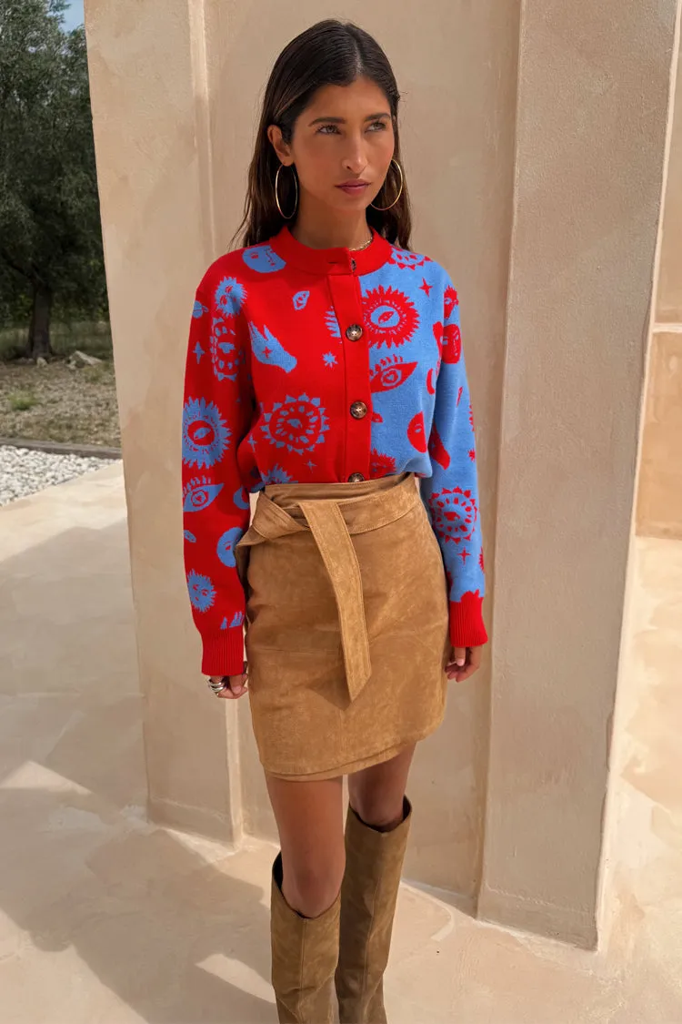 Blue and Red Holly Cardigan Fall Fashion Cold Mornings