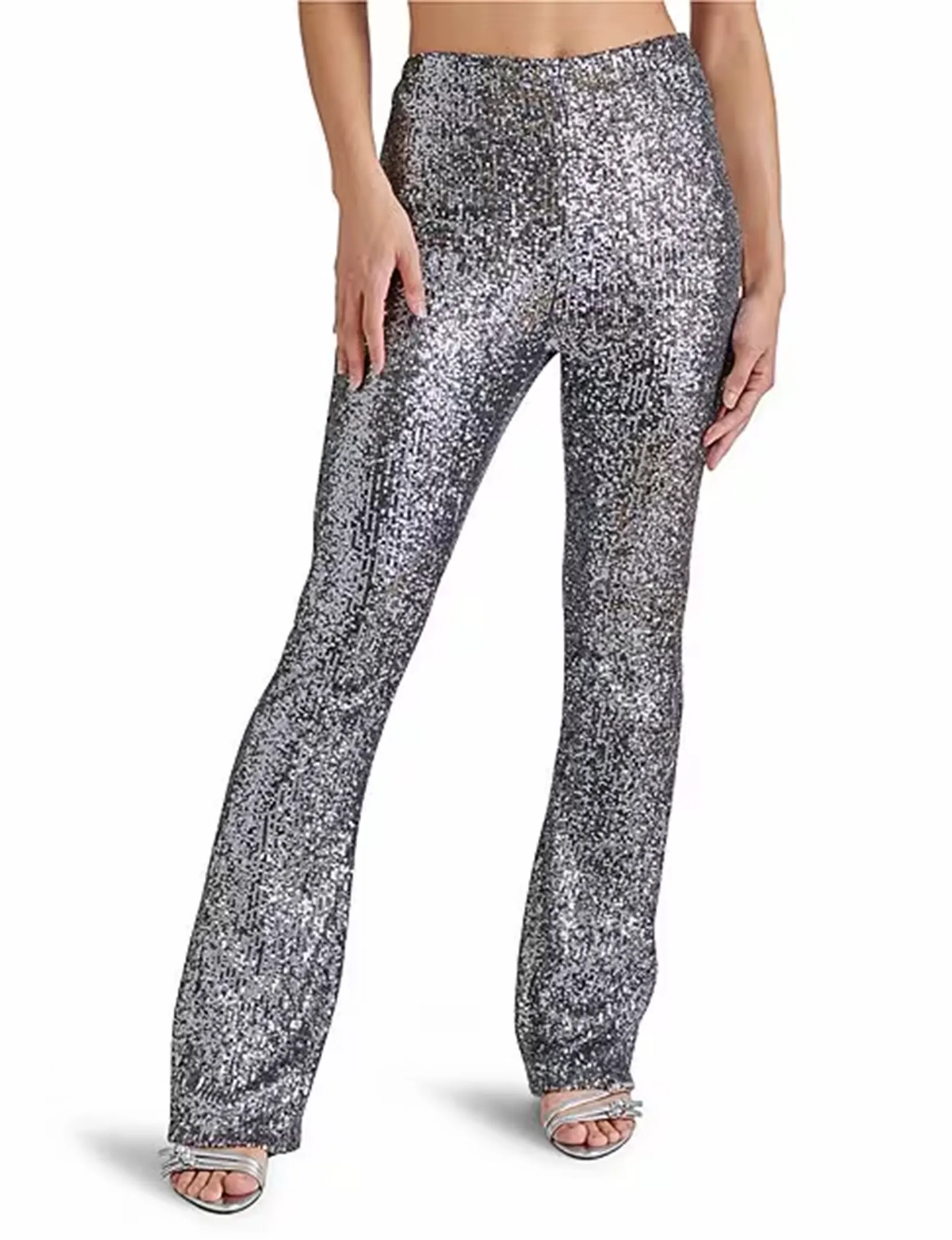 Seamless Design Soft Waistband Citrine Sequin Pant, Silver Grey