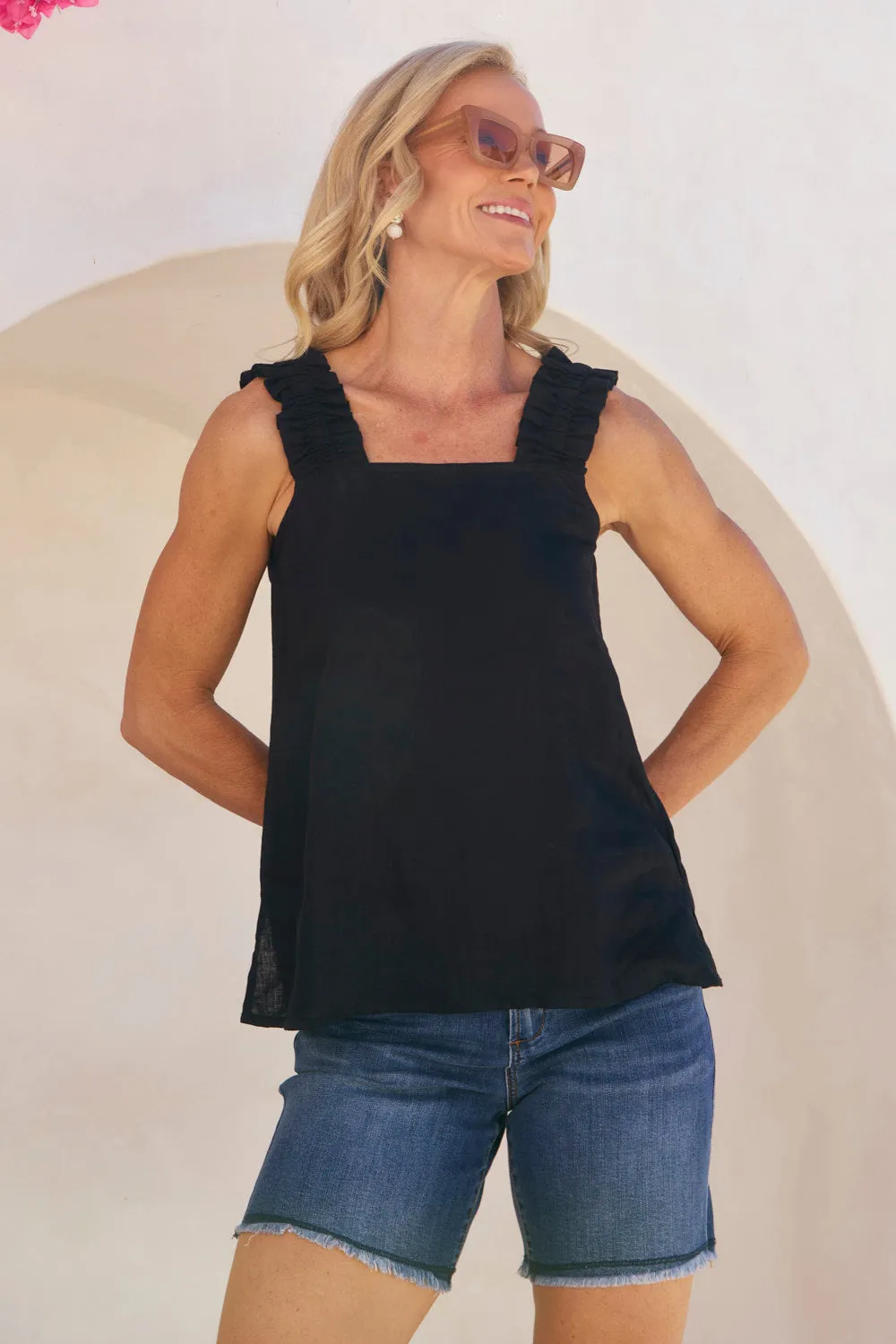 Anti Slip Bands Claire Linen Summer Top in Black
