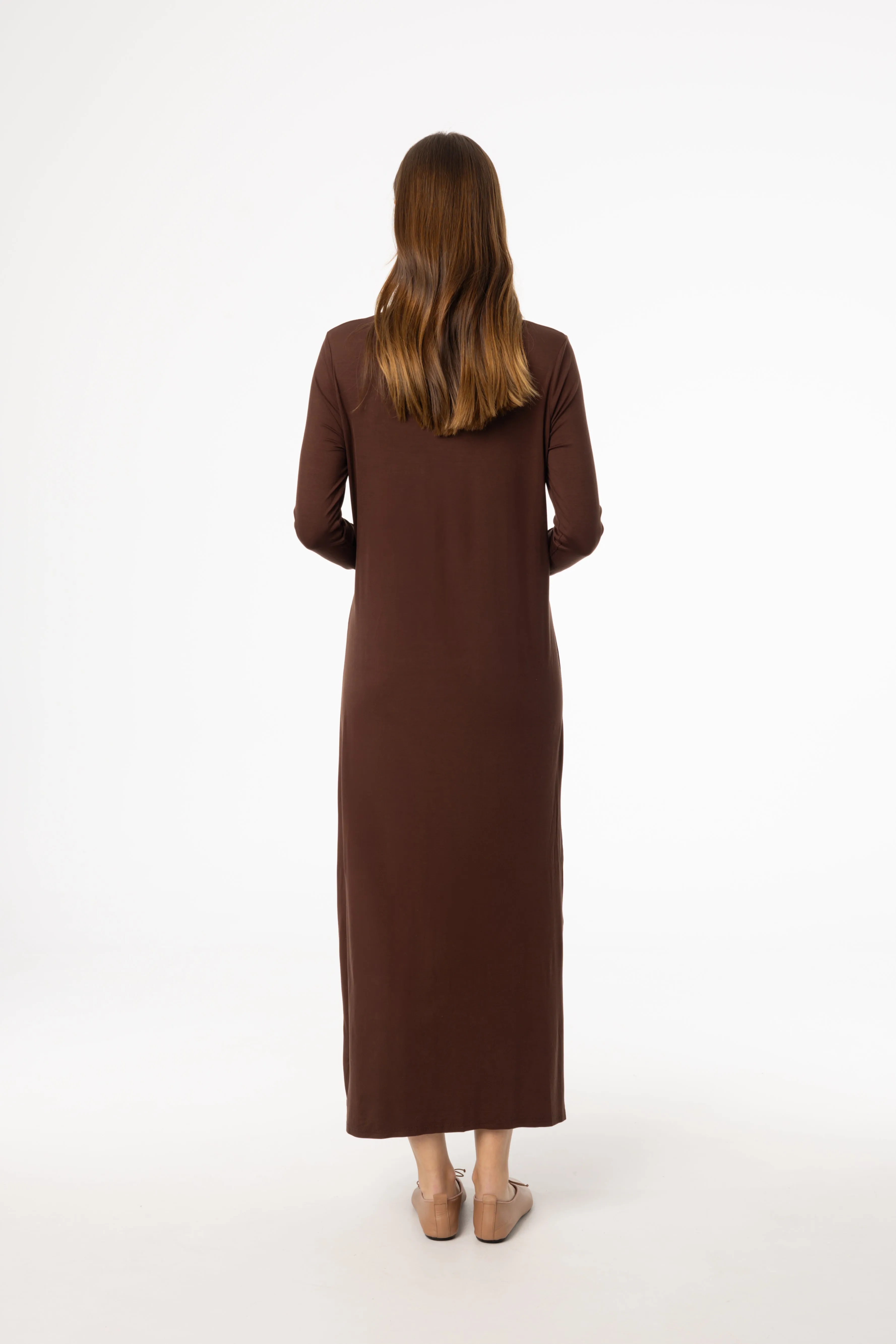 Brown Turtleneck Maxi Dress Classic Look Pearl-Detail