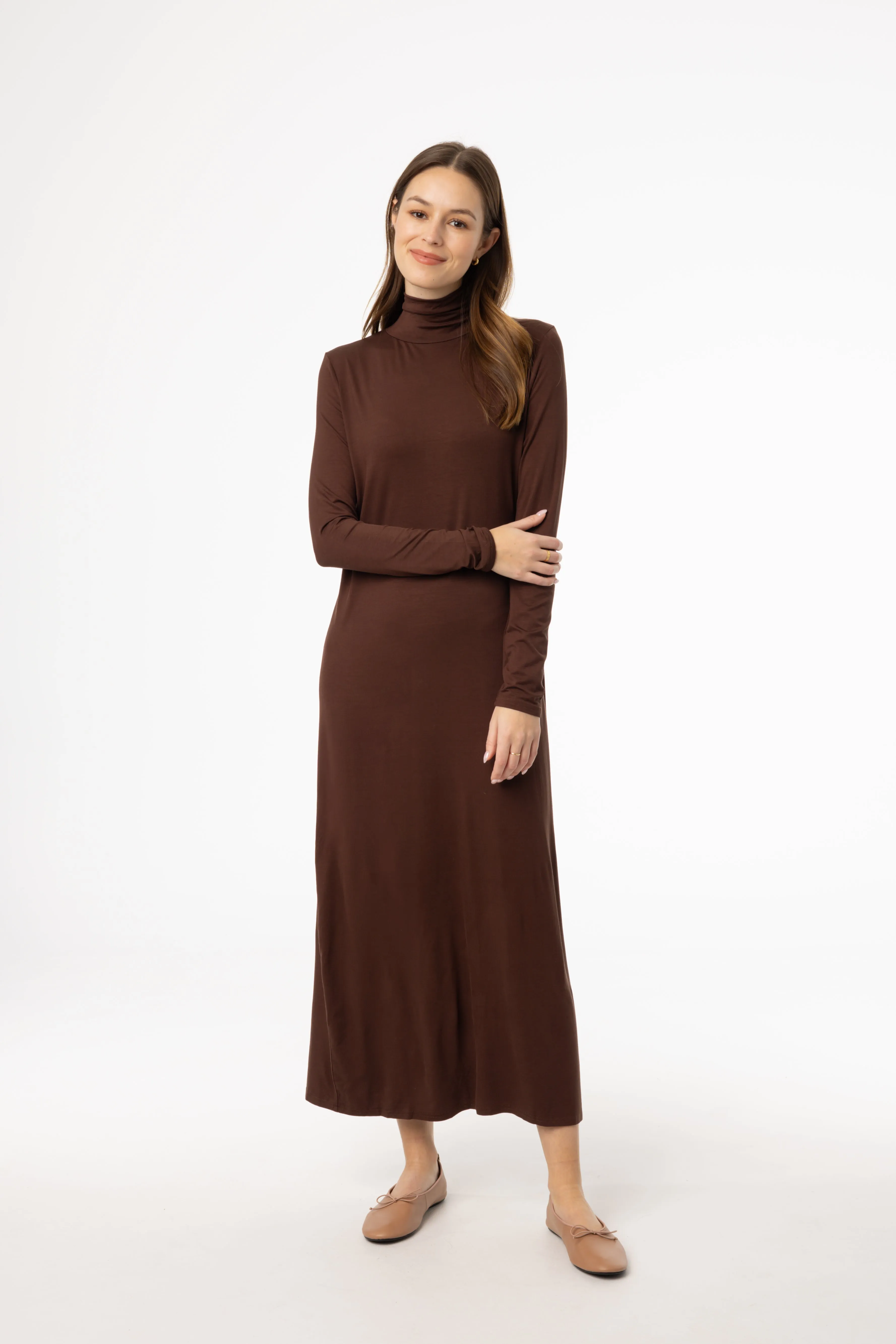 Brown Turtleneck Maxi Dress All Season Style Comfortable office piece
