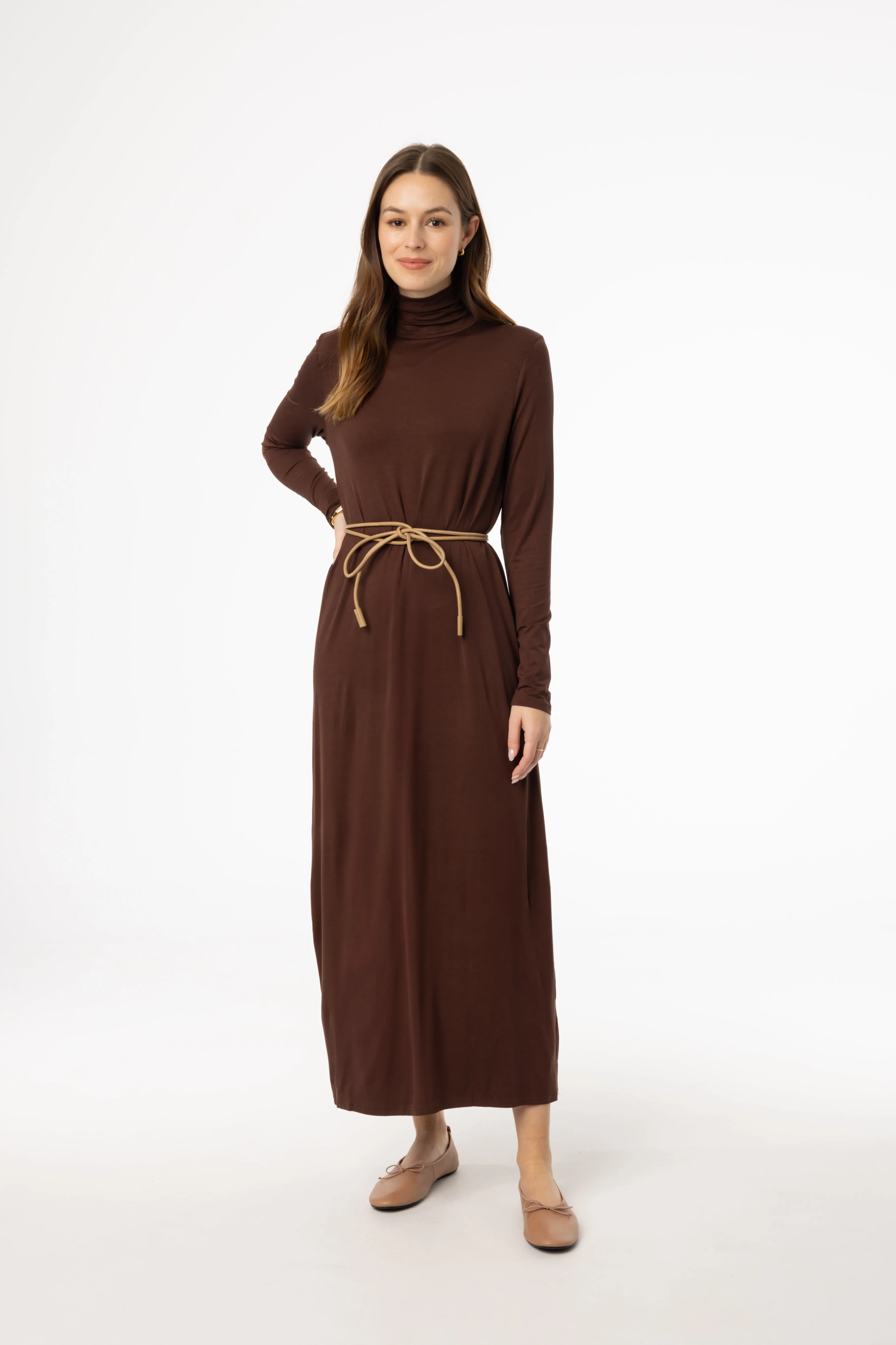 Polished Style Professional Look Brown Turtleneck Maxi Dress