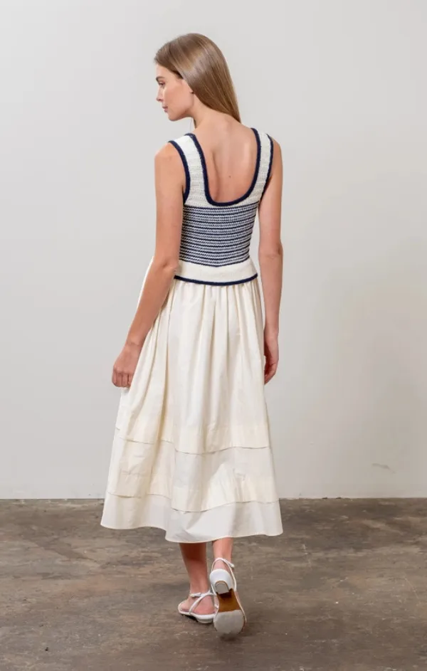 Elegant Waistband Fit Paris Stripe Mixed Media Midi