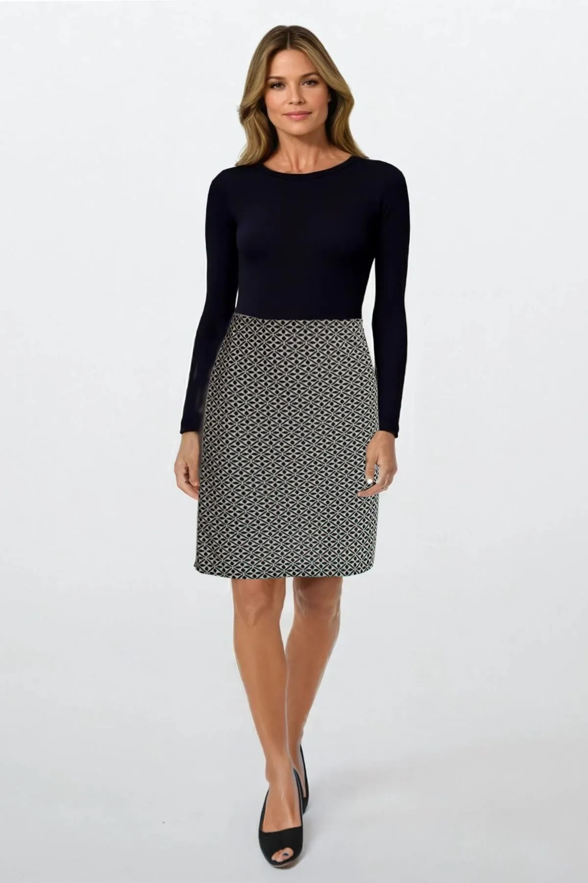 Black White Geo Design Stretch Skirt Cool Tone Date night