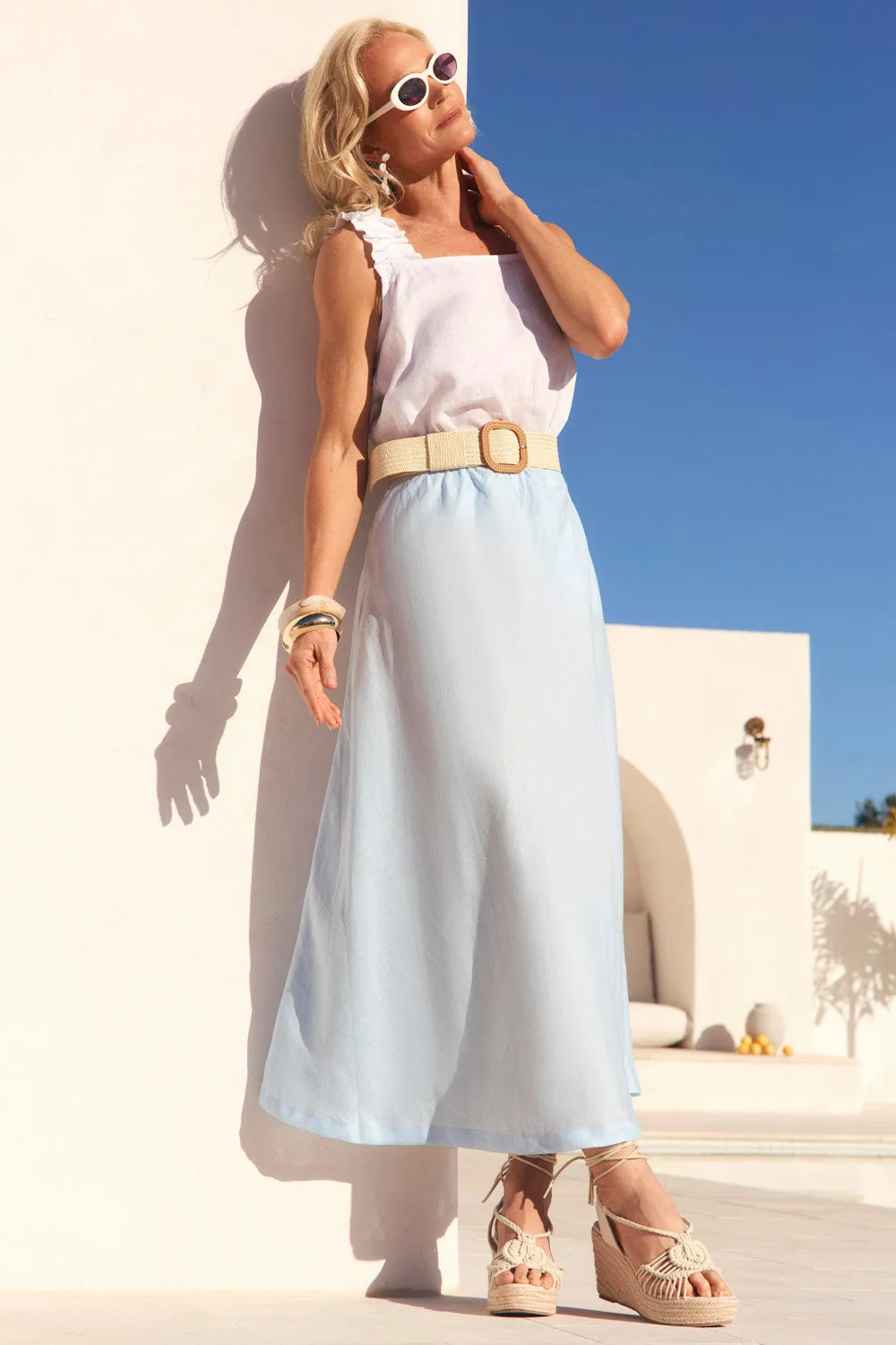 Street Style Sabina Linen Skirt in Powder Blue