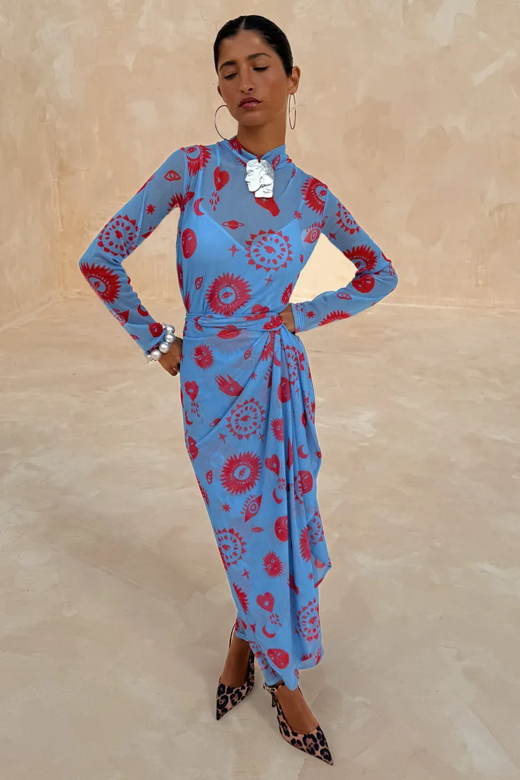 Matte Fabric Blue and Red Morocco Mesh Wrap Dress