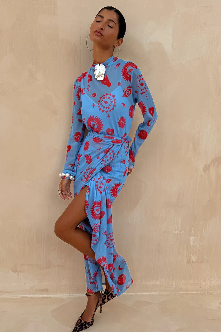 Pose Glow Delicate Finish Blue and Red Morocco Mesh Wrap Dress